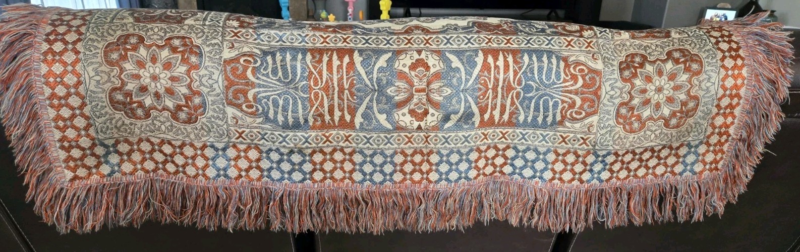 Vintage Colorful Middle Eastern Silk Tapestry Or Table Cloth W/ Fringe 49”x49”