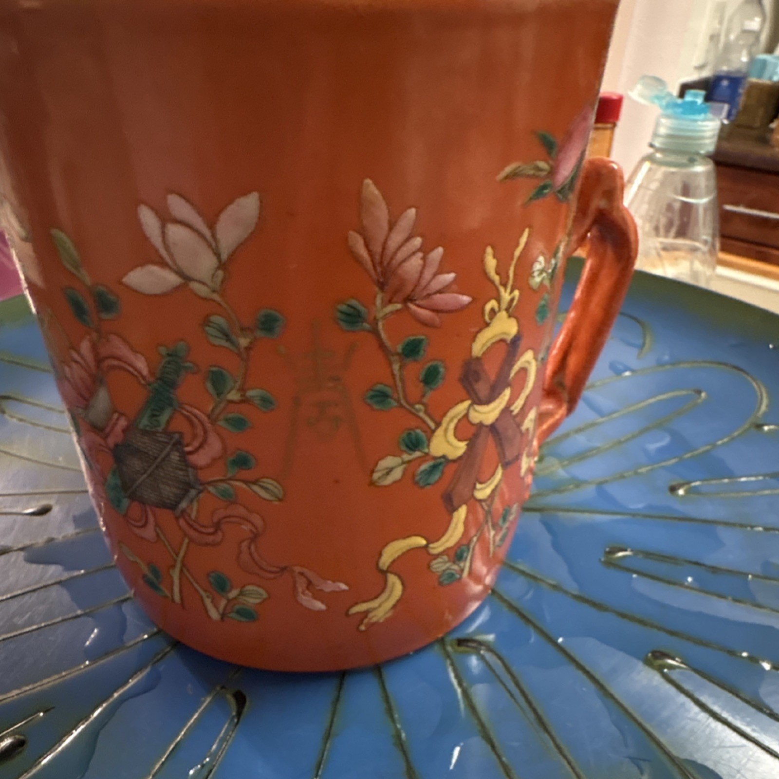 Qing Dynasty Chinese Famille Rose Porcelain Mug, RARE orange