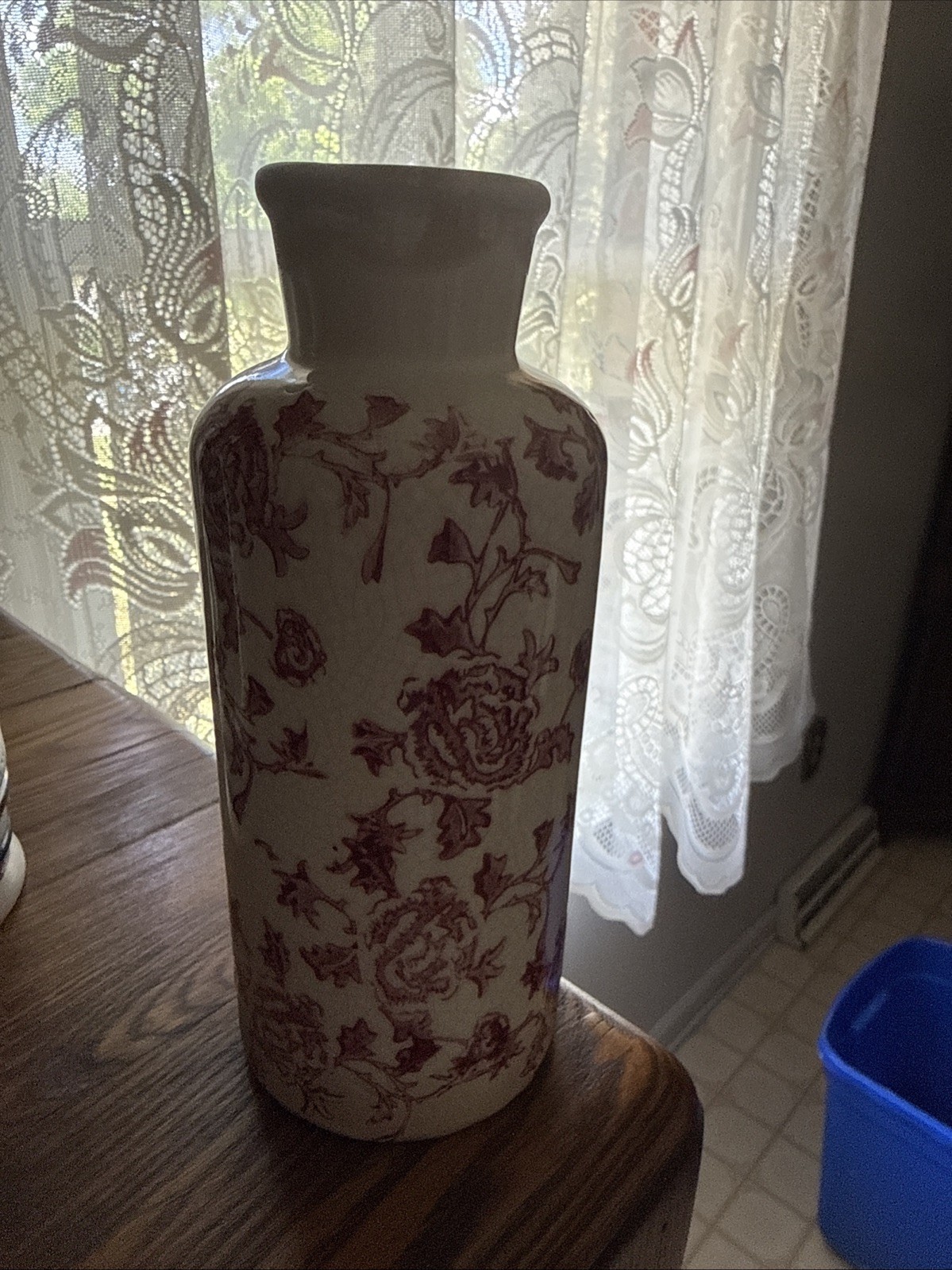Primitive Antique Vintage Stoneware Terracotta Vase w Red Floral Transfer Decor