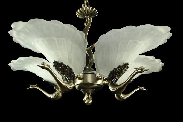 FRENCH ART DECO SLIP SHADE GLASS BRASS PEACOCK BIRD LIGHT FIXTURE CHANDELIER VTG