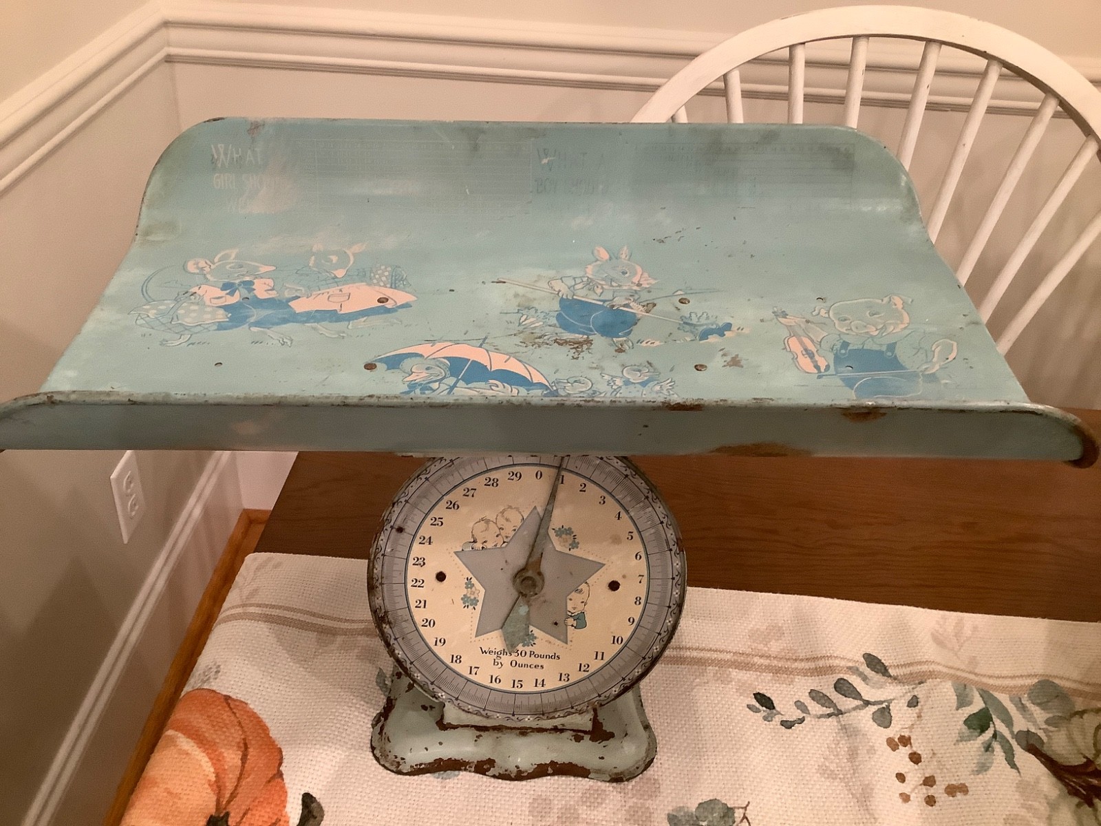 Vintage American Family Nursery Scale Metal 30 Pounds Babies Blue Green