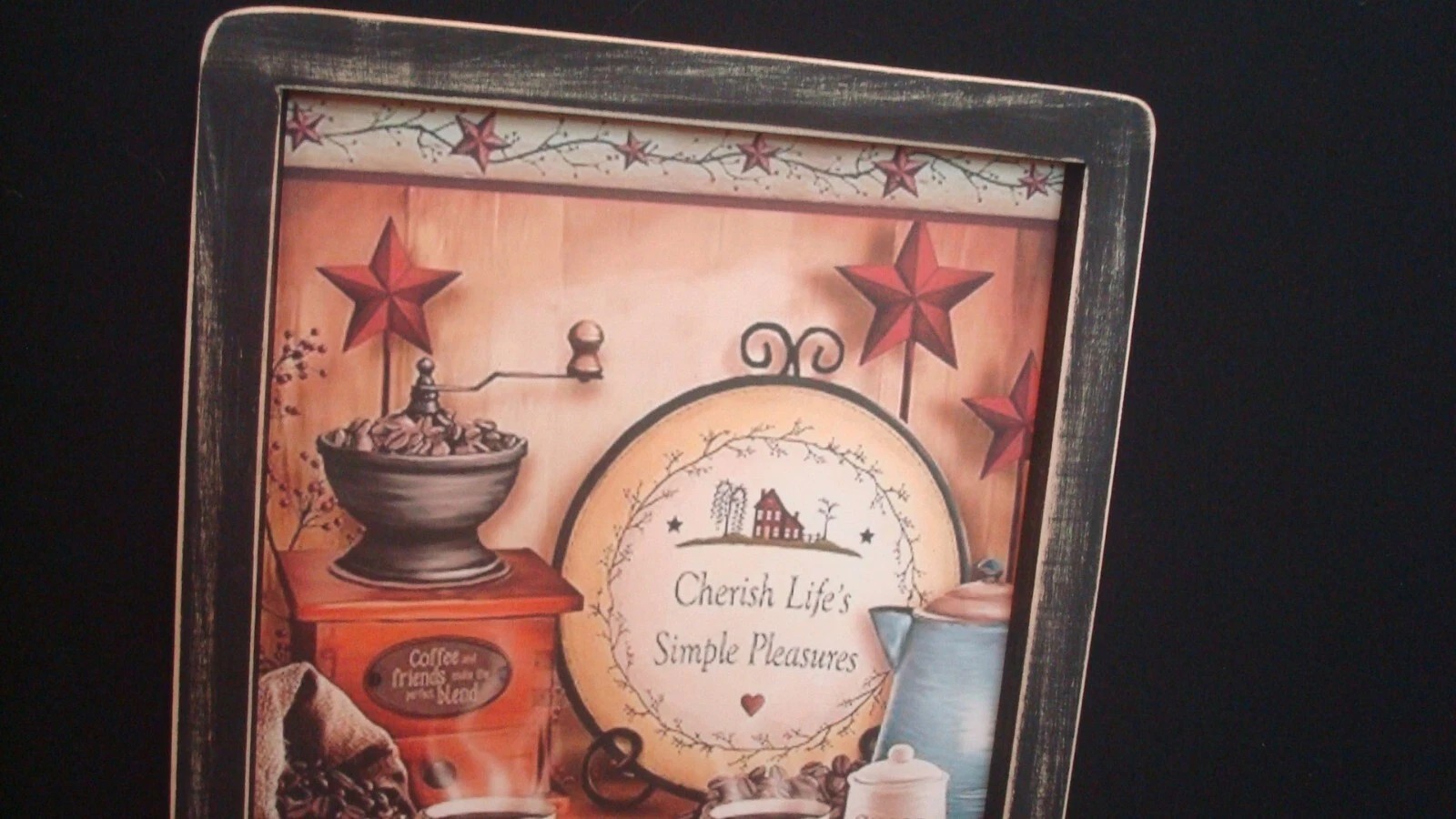 Primitive Print **CHERISH LIFE’S SIMPLE PLEASURES** in black frame 9 1/2″ x 12″