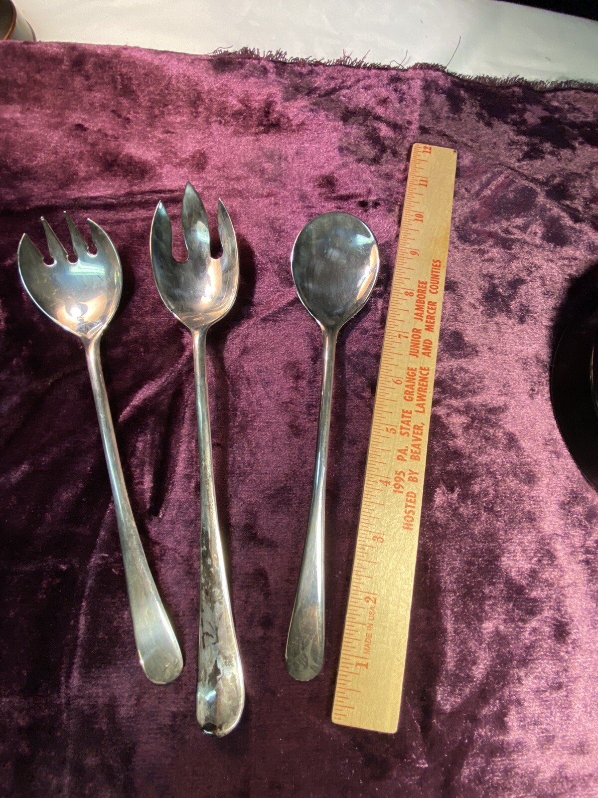 Set Of 3 Silver Plate Long Handled 10” Italy Saladspoonsforks F34