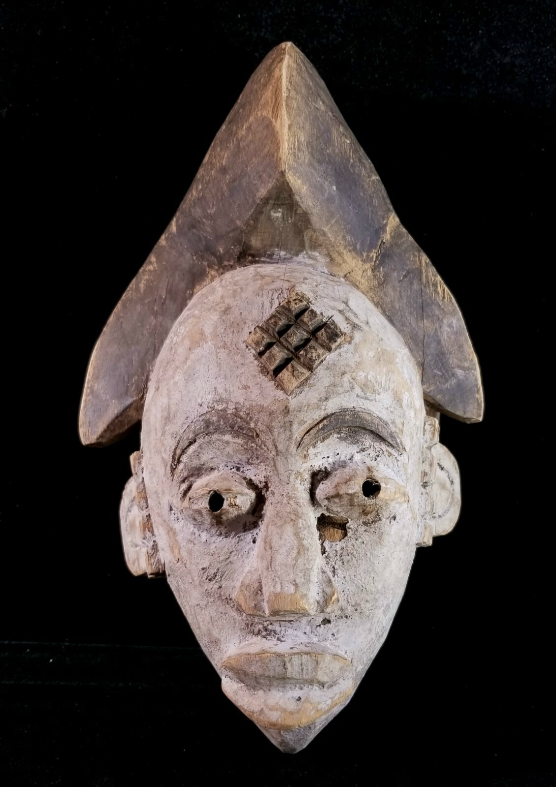 Vintage Painted Wood African Mask Wall Art Brown & White 12 x7 1/4 x5 Inch GOOD
