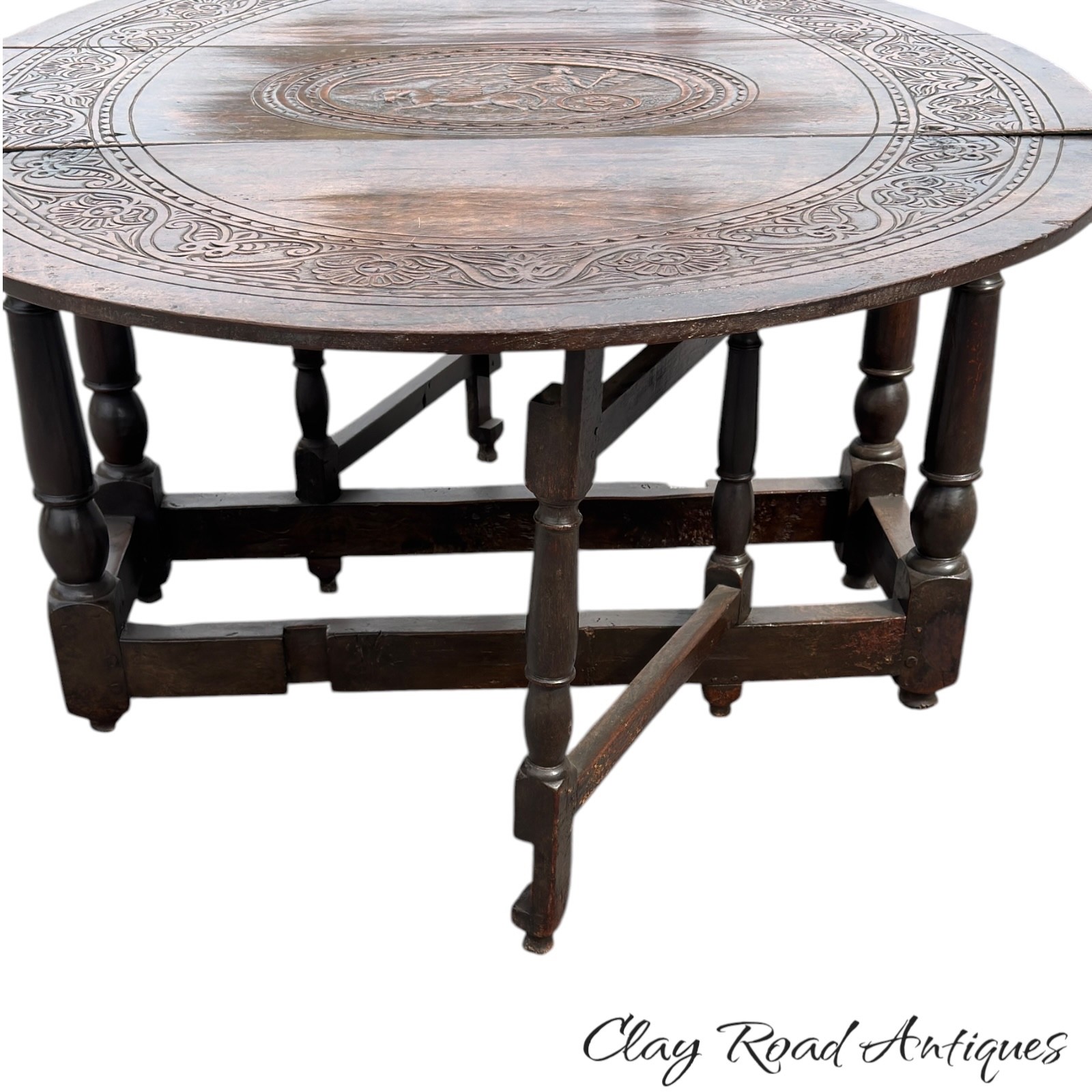 antique 18th Oak gate leg table stretcher base farm house William Mary pegged