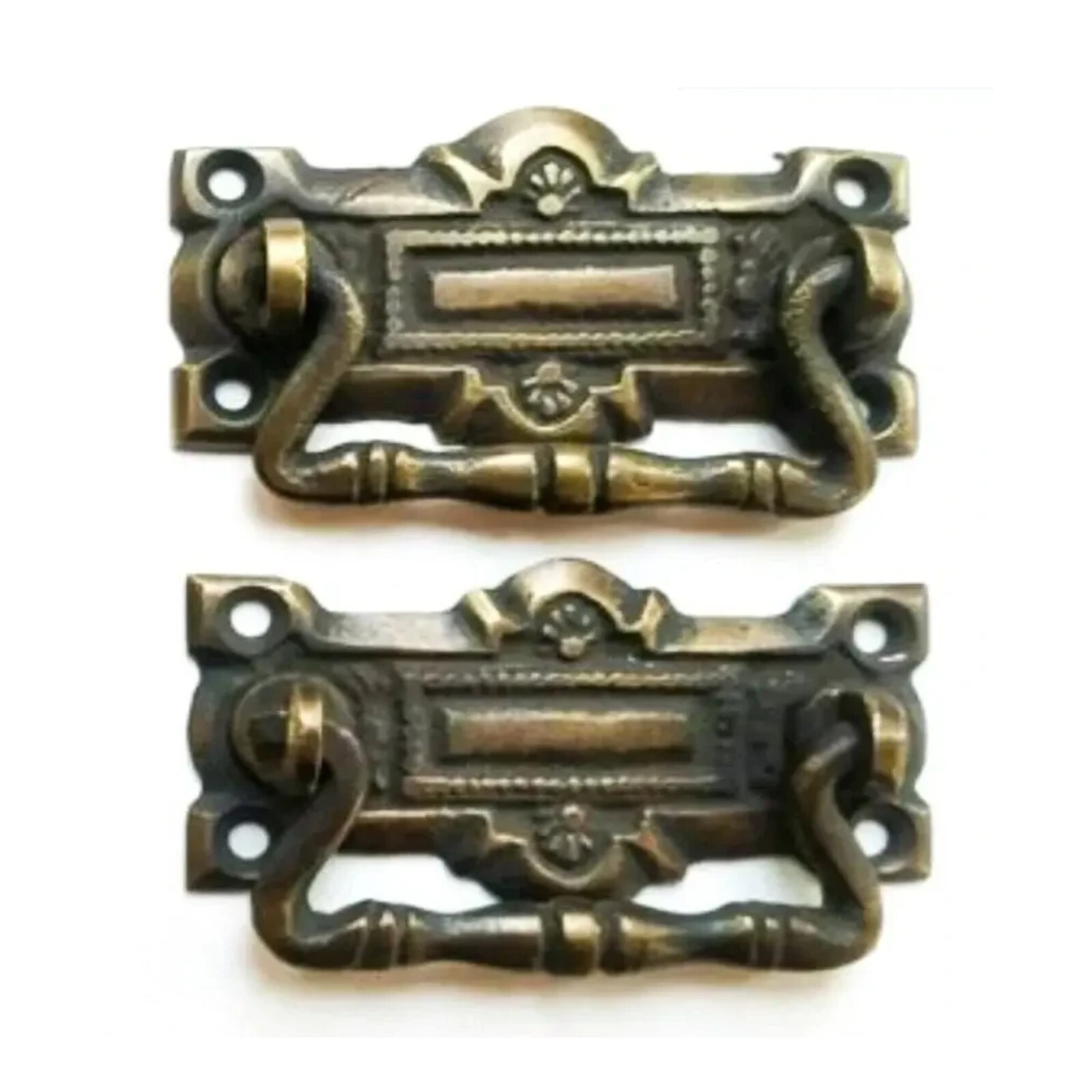 2x Ornate Victorian antique Style brass handles pulls great patina 2-5/16″ #H35