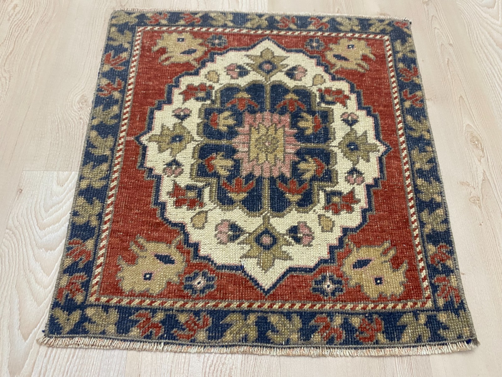 Vintage Turkish Square Small Rug 1.8×1.9 ft Red Blue Floral Wool Doormat Carpet