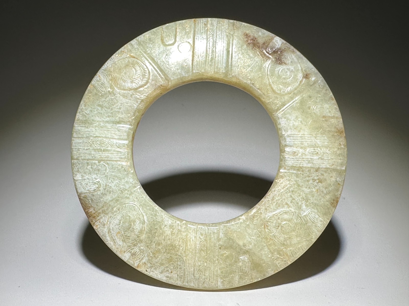 “Liang Zhu” Culture Old Jade Carved God Person Animal Face “Huan” Pendant L 7.6
