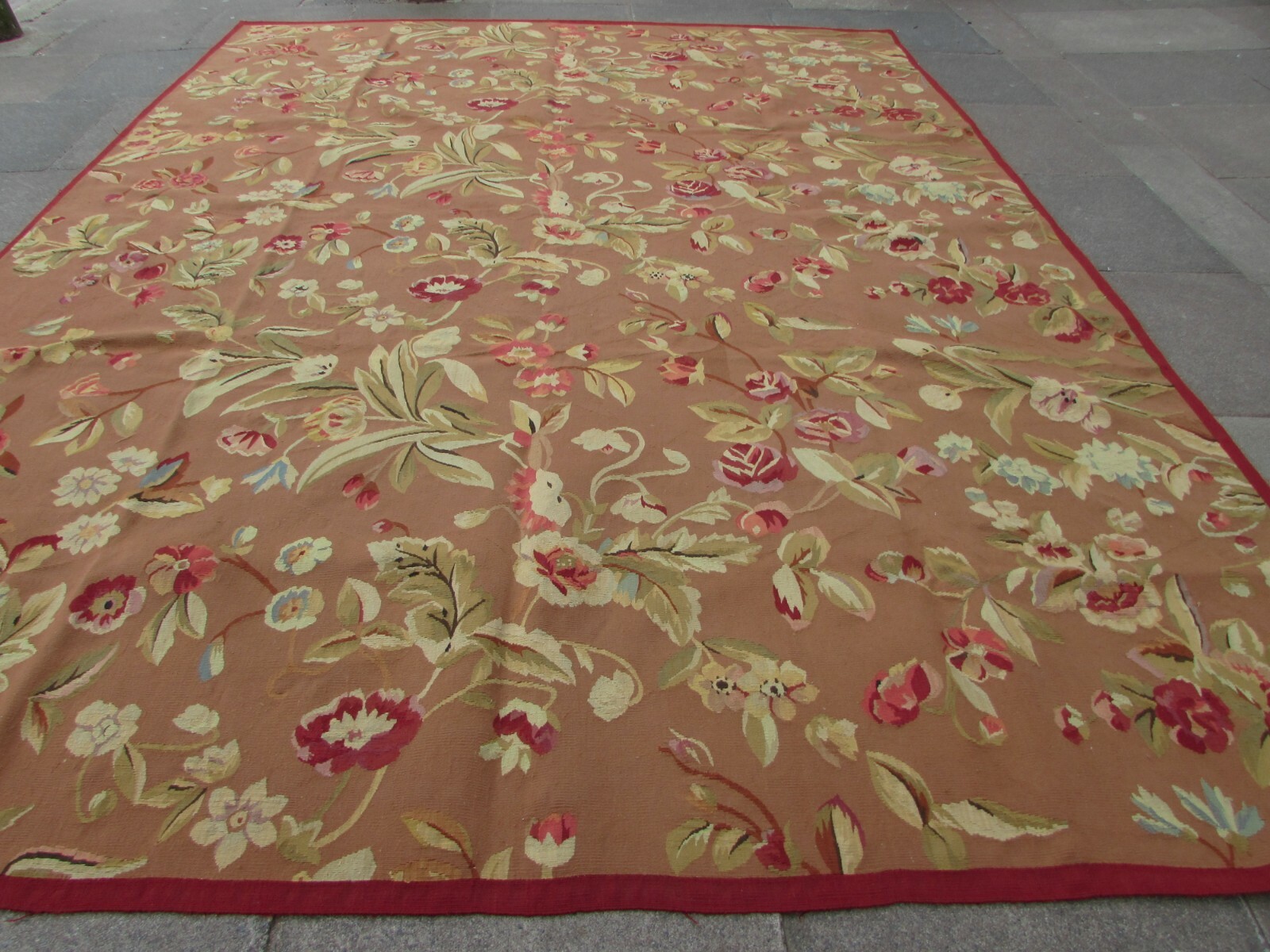 Vintage Hand Made French Design Wool Brown Green Original Aubusson 370X280cm