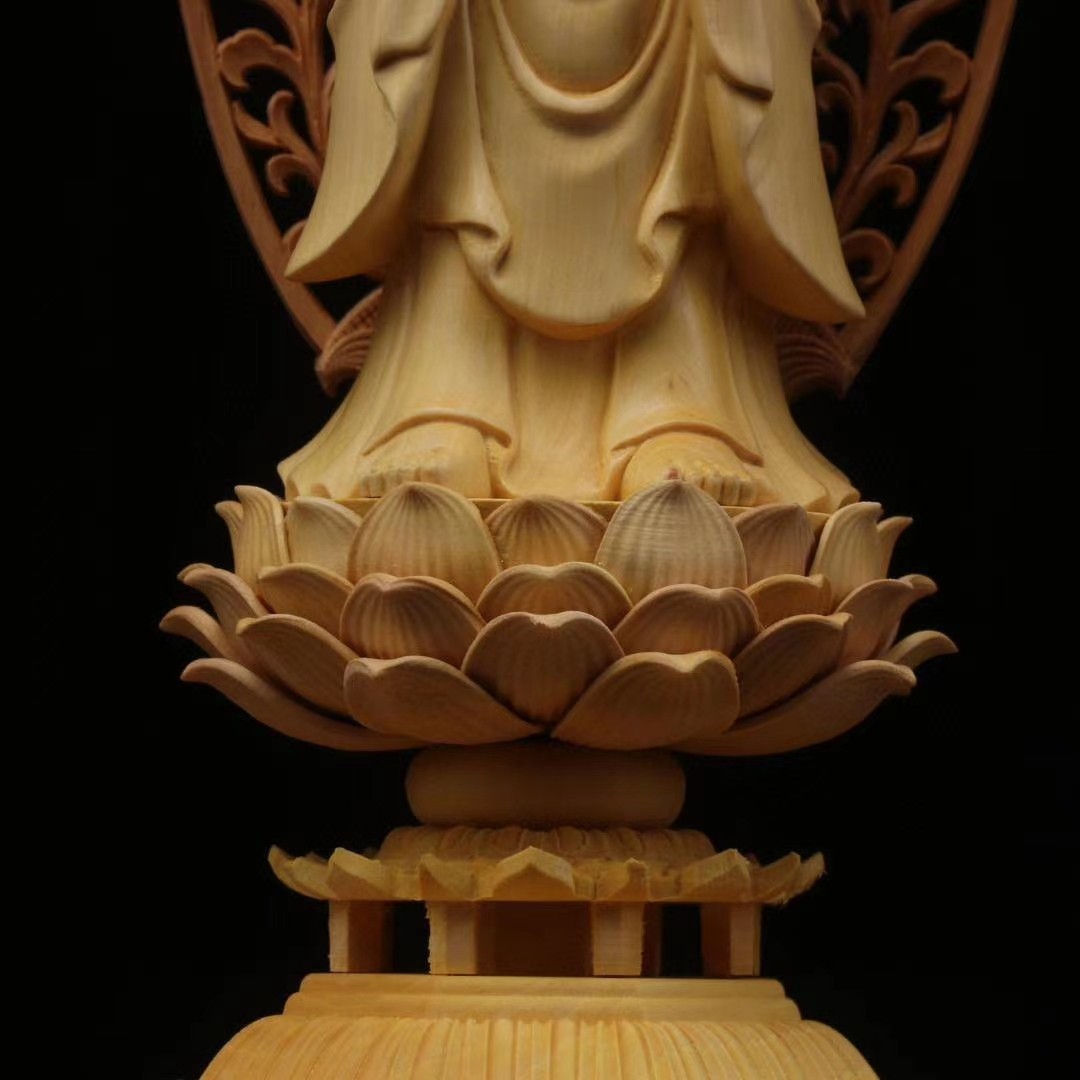 1Set 3Pcs Chinese Boxwood Carving Ru-lai Guan-yin Di-zangwang Buddhism statue