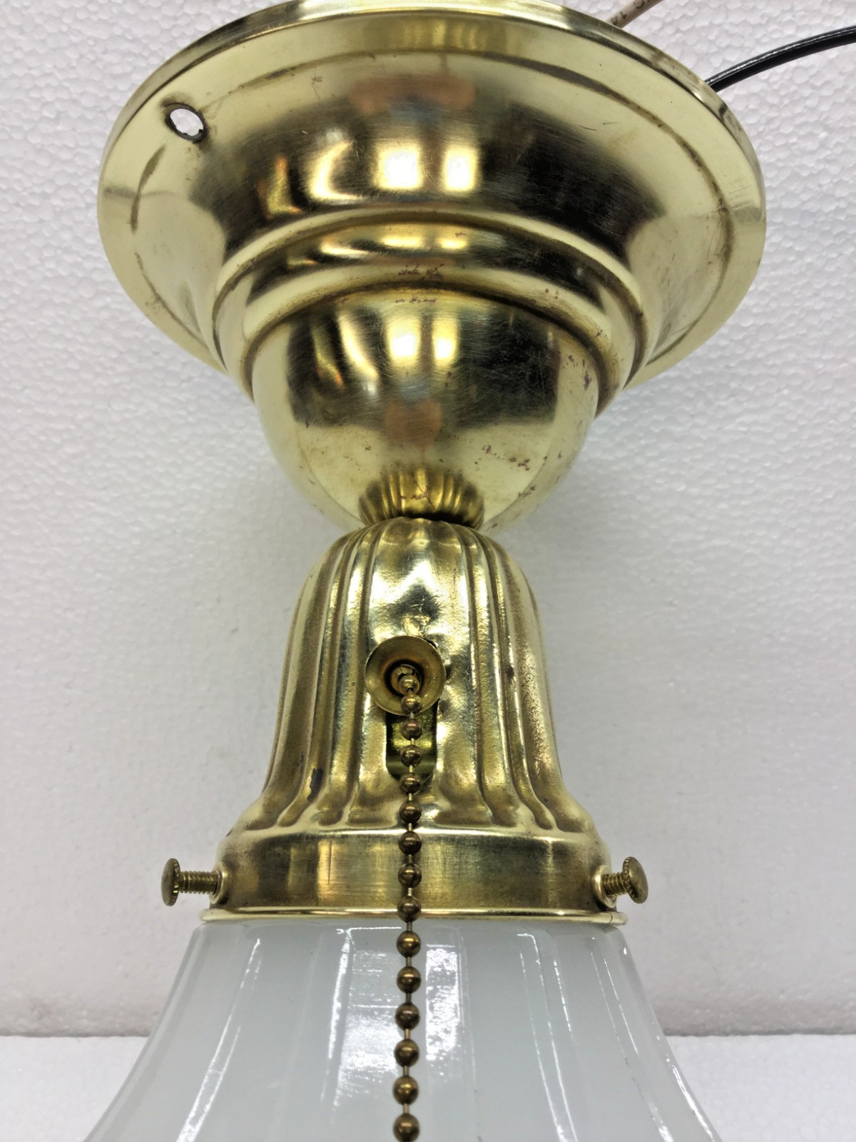 Antique Brass Ceiling Light Pull Chain Ribbed White Glass Shade Ready to Use