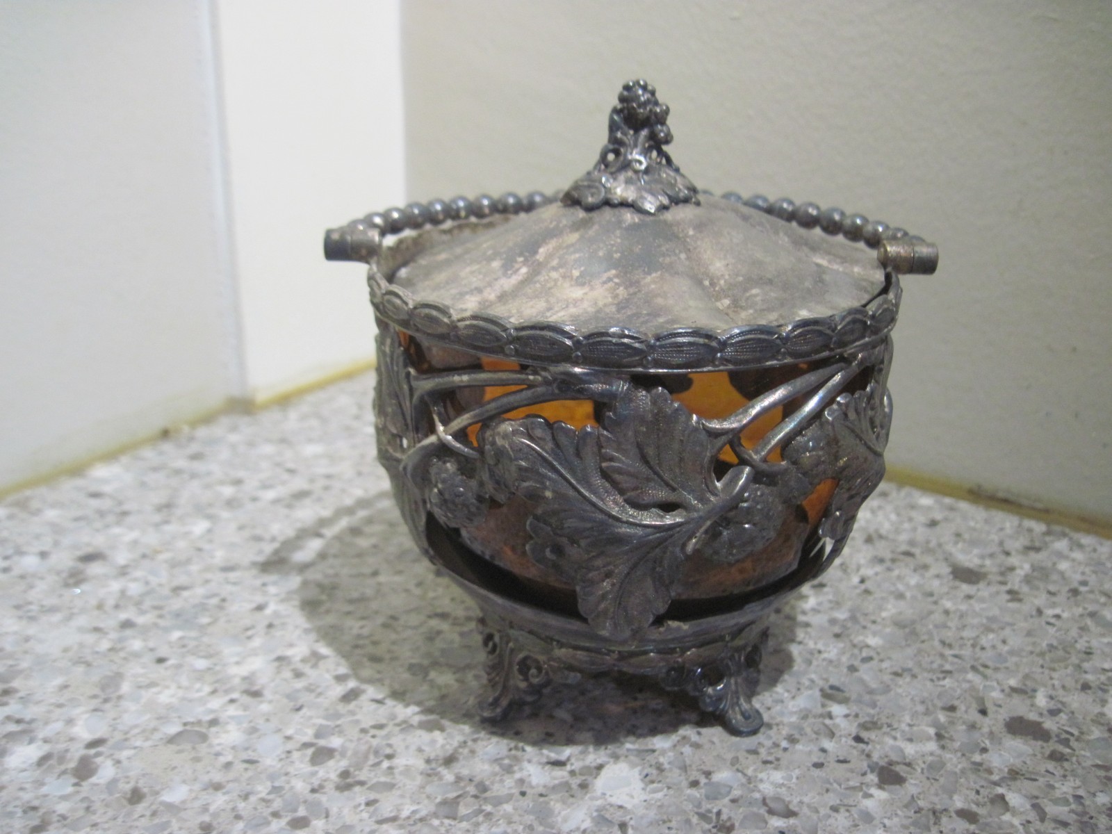Antique Art Deco Ornate Silverplate Covered Berry Jar with Amber Glass Insert