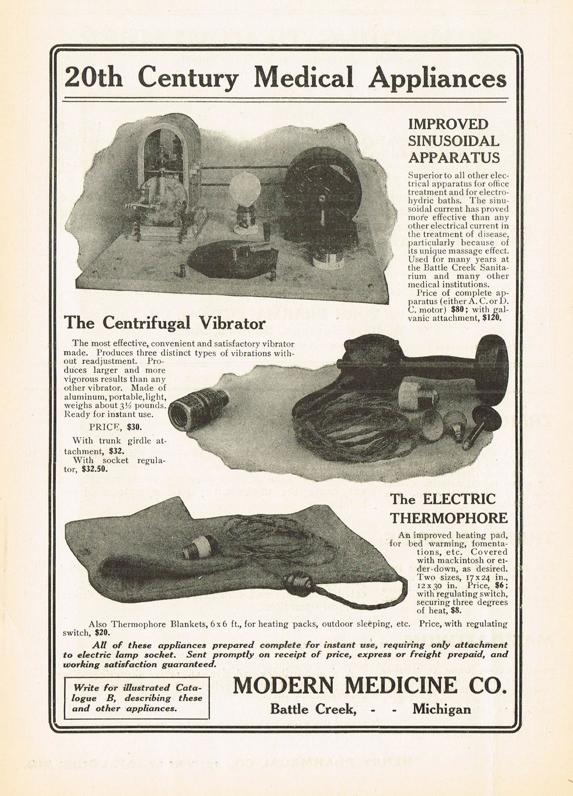 Rare Antique Electric Vibrator Modern Medicine Co Battle Creek MI Advertising