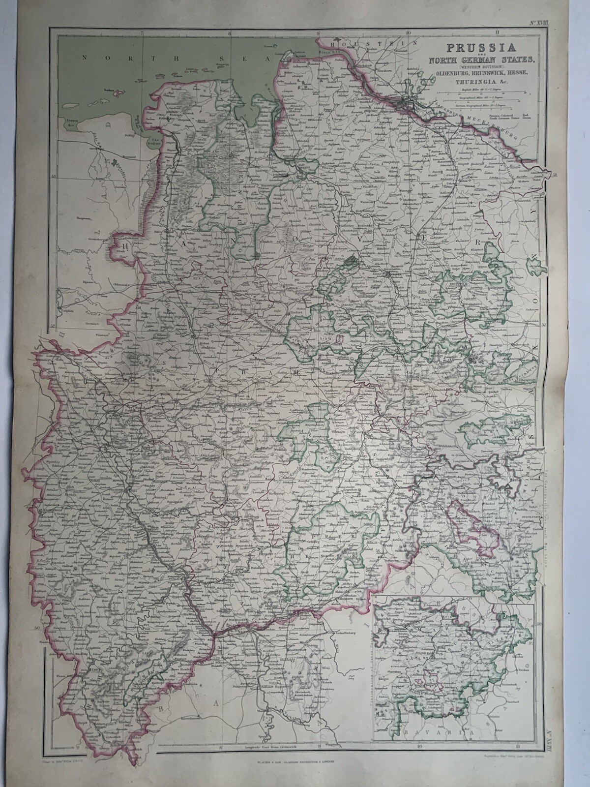 1872 Northwest Germany Prussia Hand Coloured Antique Map By W.G. Blackie