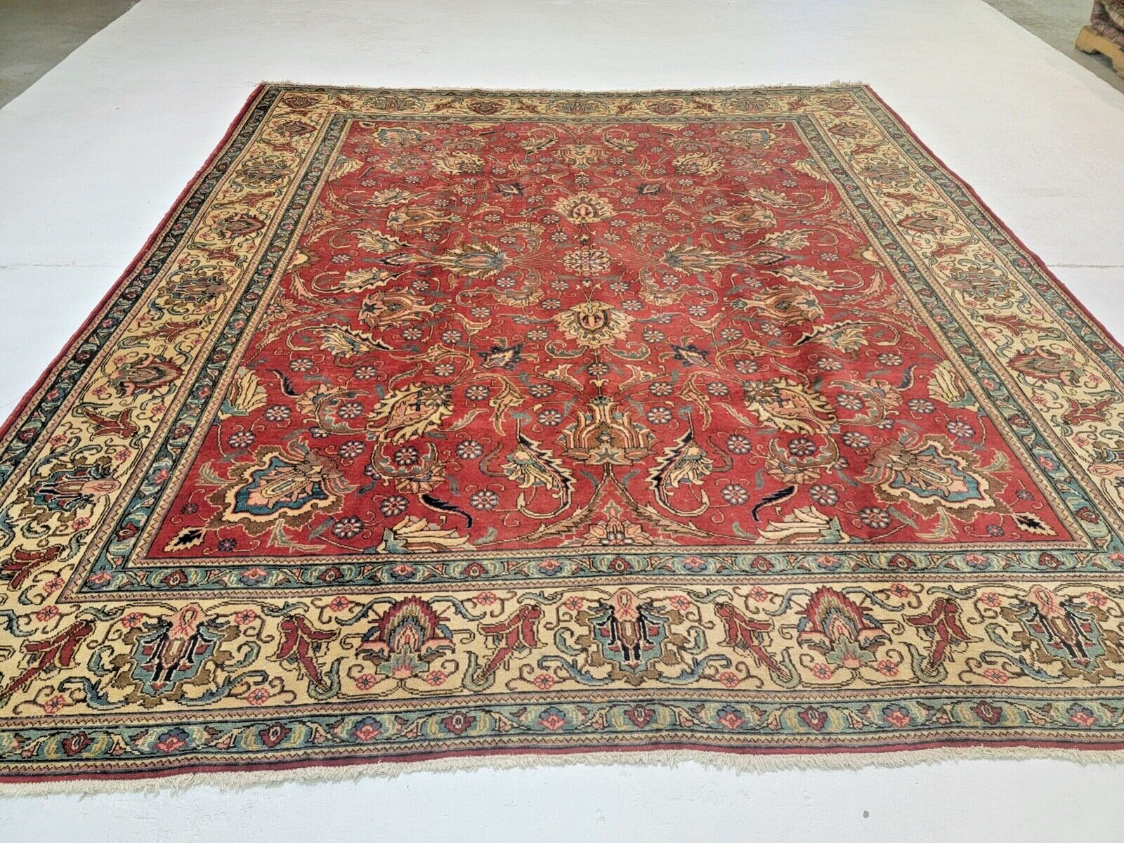 Antique Oriental Hand-Knotted Wool Area Rug Red/Beige 9’8″ x 11’1″