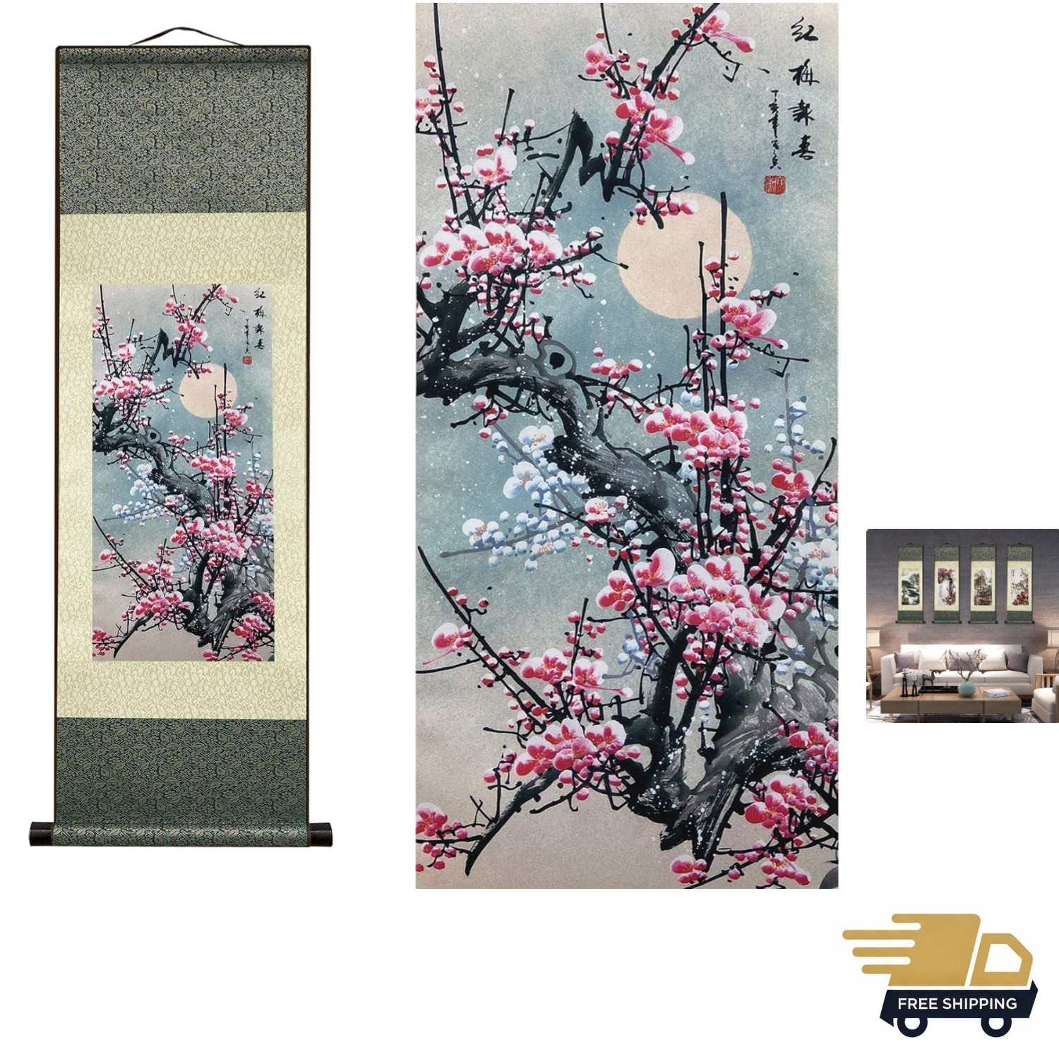 Floral Silk Scroll Art – Red Plum Primula Rubra for Stylish Decor 36.2 x 12 in
