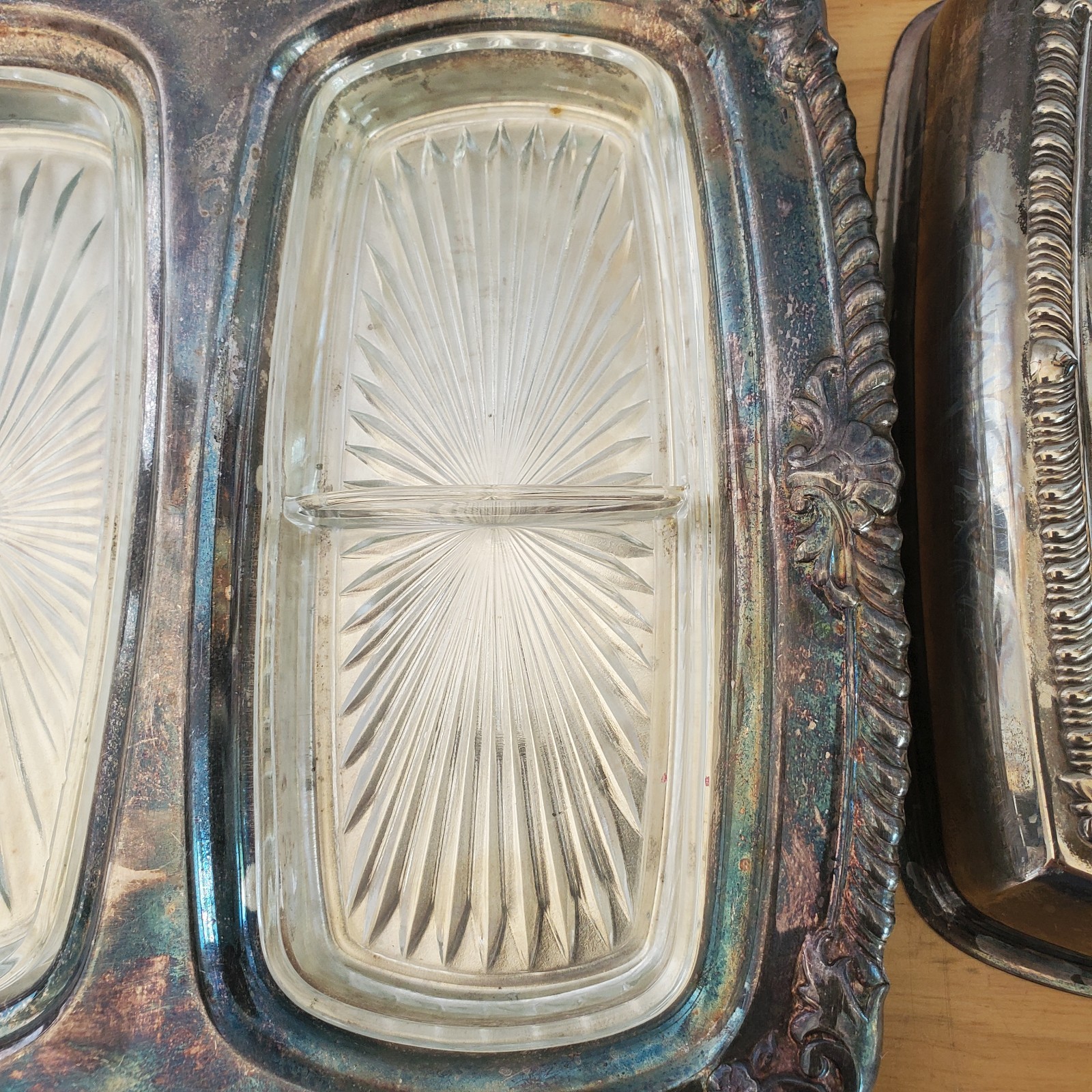 Vintage CROSBY Silver Plated Double Butter Dish with Glass inserts, One Divided