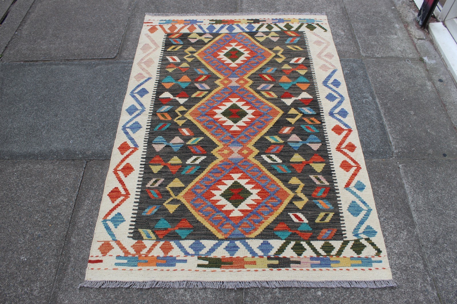 Kilim Vintage Traditional Hand Made Oriental Grey Wool Small Kilim 144x99cm