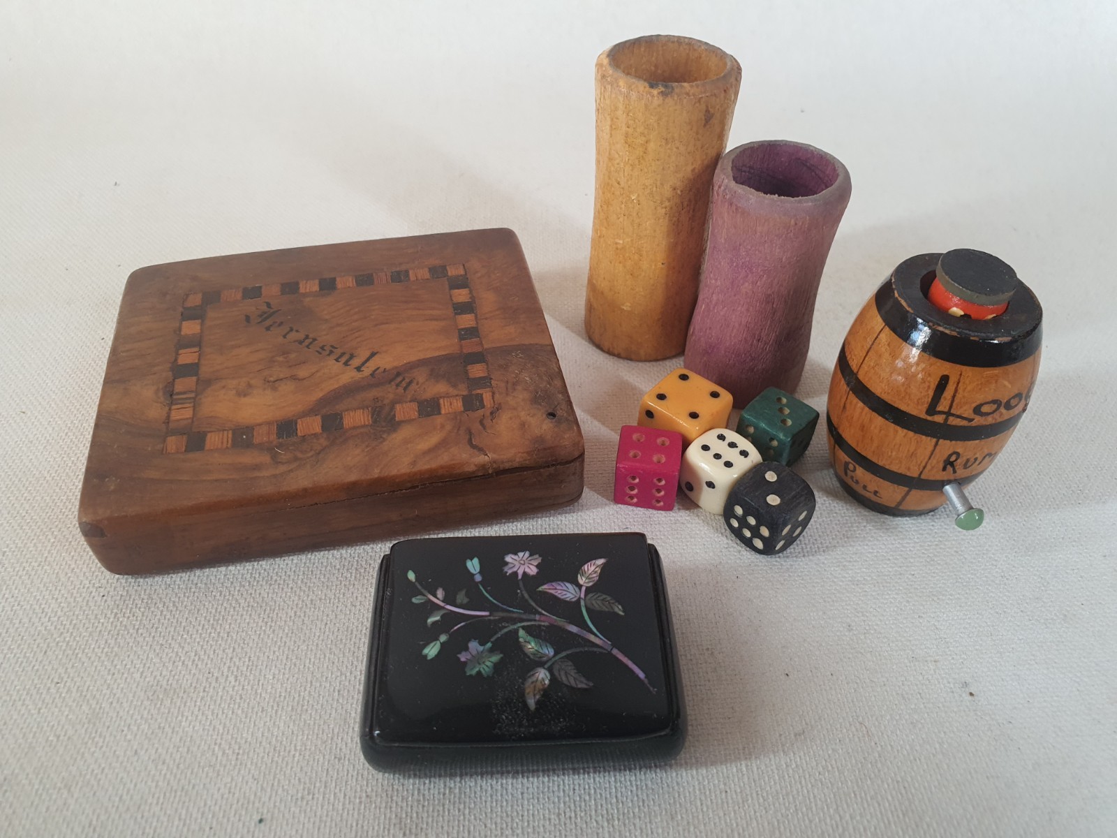 Job Lot Vintage Jerusalem Olive Wood Box, Inlaid Snuff, dice & Novelty barrel