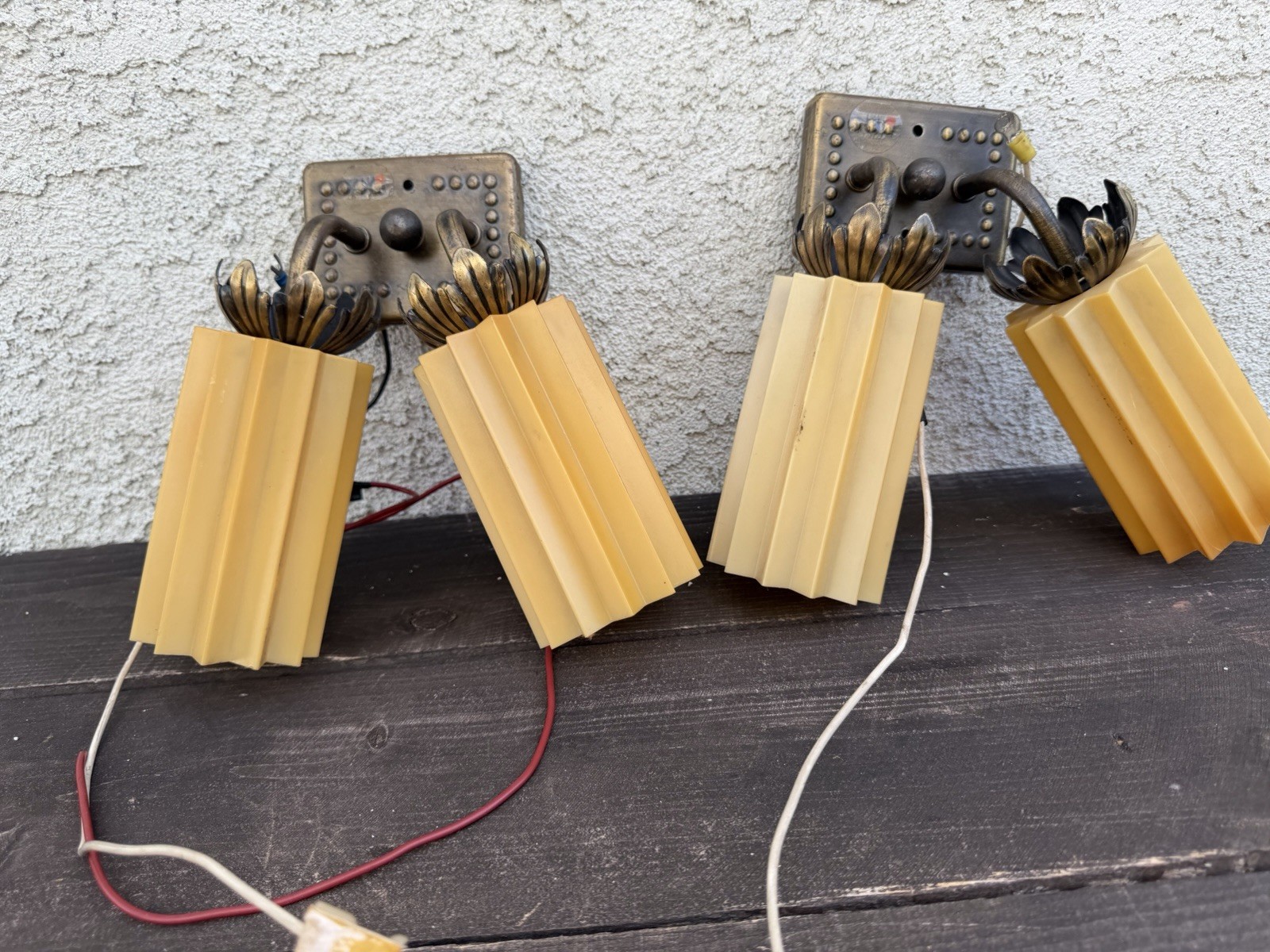 Pair Antique Vintage Art Deco Bras Ribbed Plastic Light Wall Sconces Lamps