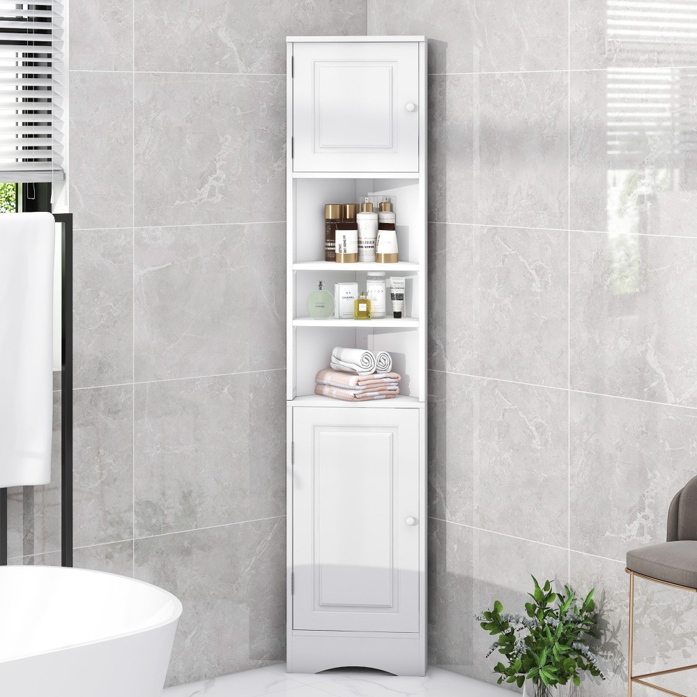 Tall Corner Bathroom Storage Cabinet MDF Freestanding Cabinet with 2 Doors