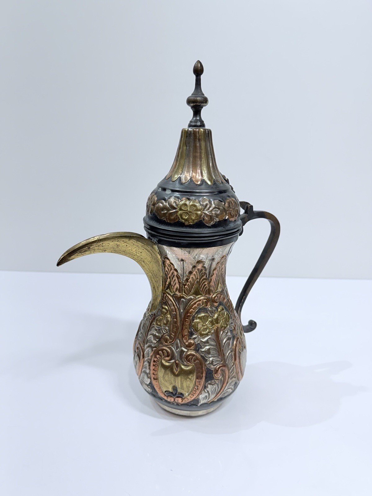 Antique Middle Eastern Dallah Arabic Brass Coffee Pot 13” Multi Color Embossed
