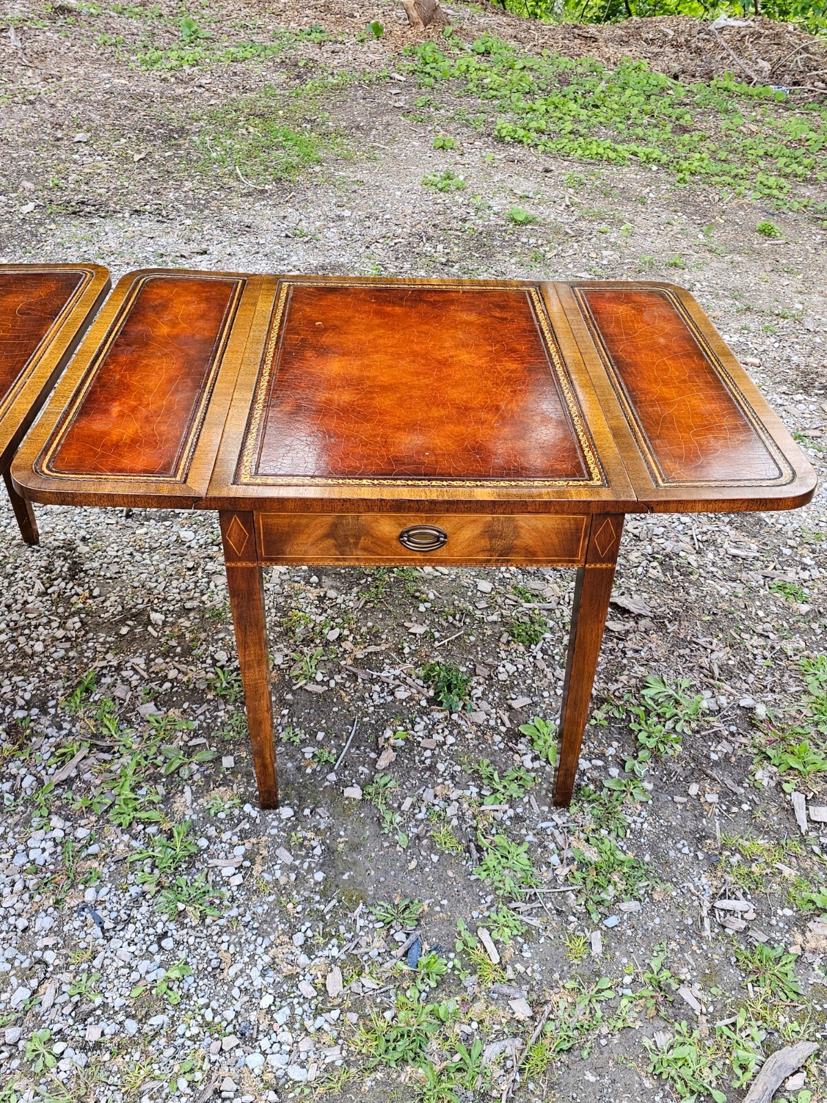 Antique Pembroke Double drop leaf leather top end table Pair by Weiman
