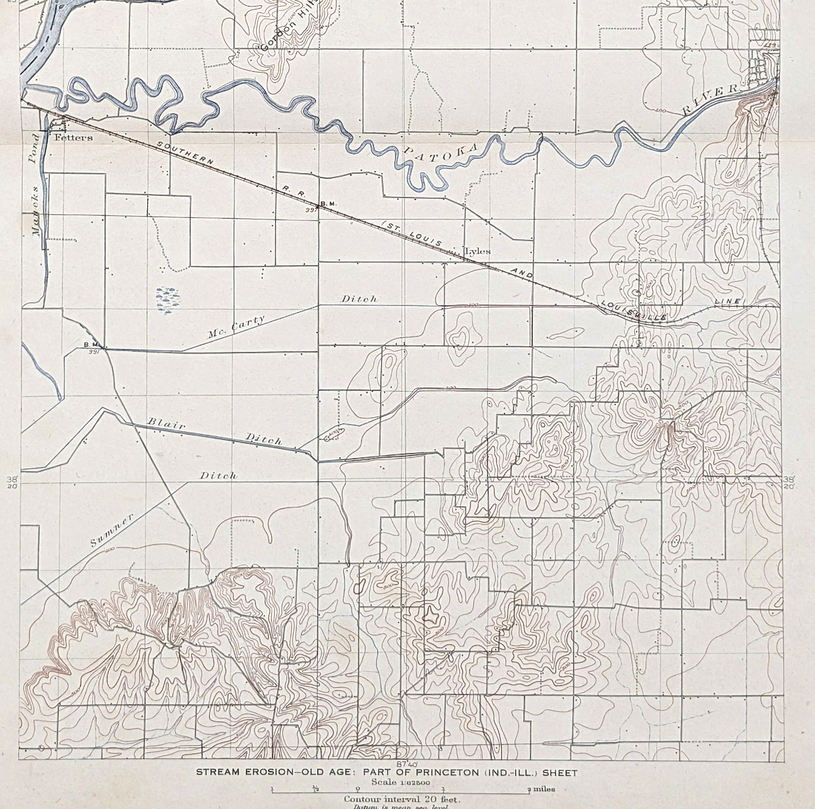 1908 INDIANA – WABASH RIVER – PATOKA RIVER Map ORIGINAL Topographical GIBSON CTY