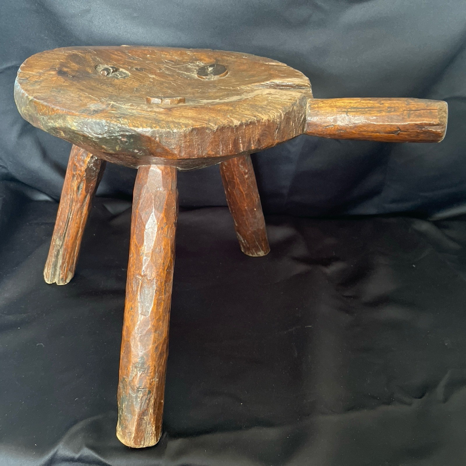 Antique Primitive Hand Carved 3-Leg Lacquered Wood Milking Stool with Handle