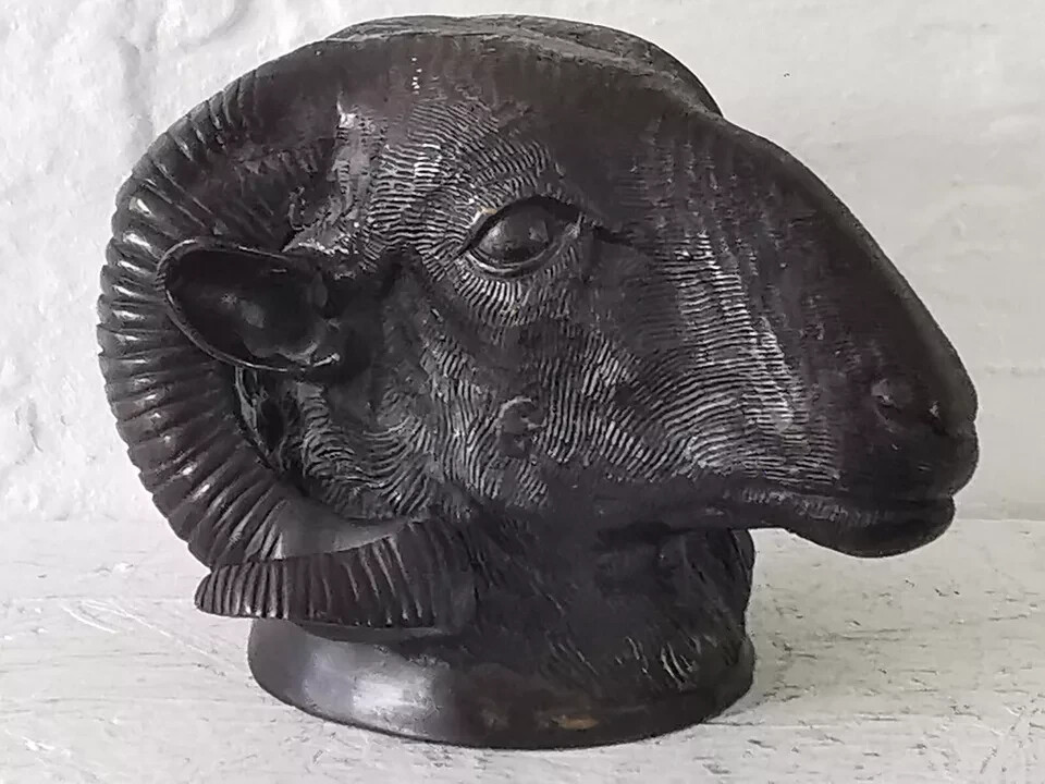 Magnificent Vintage Patinated Bronze Rams Head – Wall Hanging