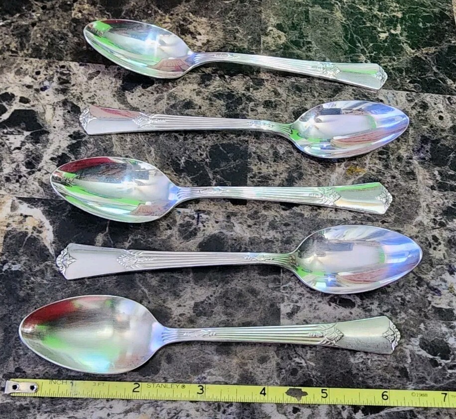 🔎LOT OF 5 VINTAGE c1932 GUILD AKA CADENCE SILVERPLATED TEASPOONS/TEA SPOONS🍵🥄
