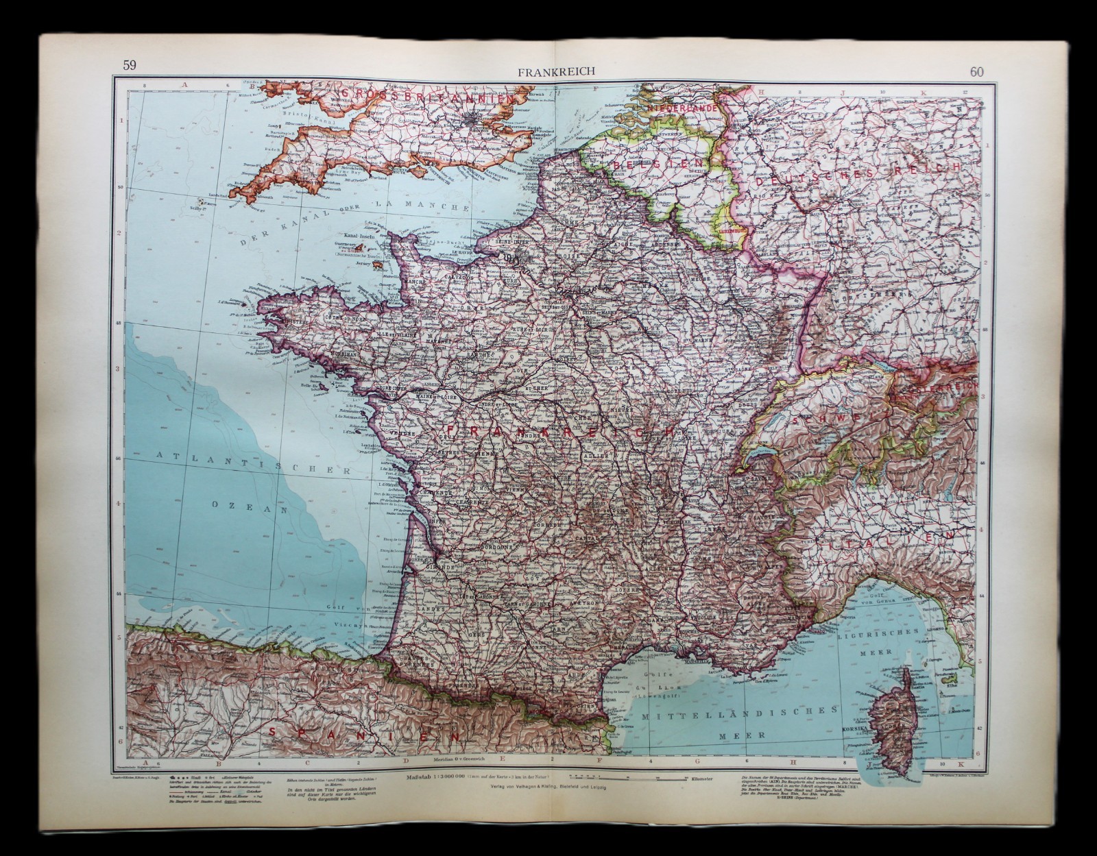ANDREES HAND ATLAS MAP PLATE PAGE NO.59-60 FRANCE FRANKREICH 1937 VINTAGE
