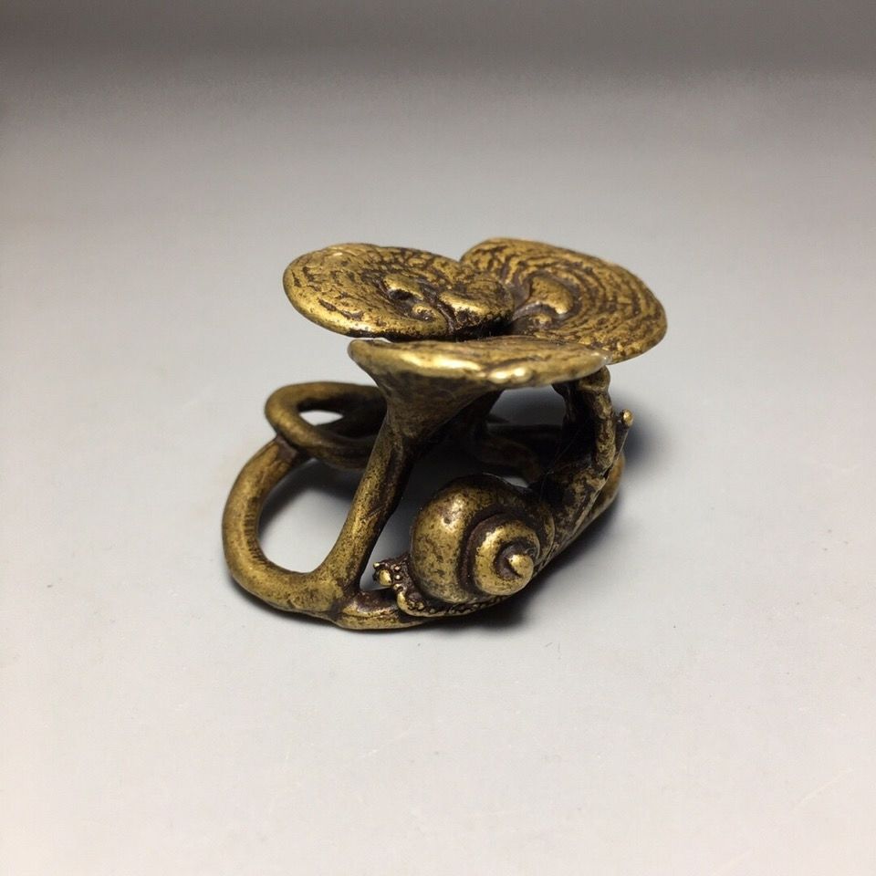 Vintage Style Solid Brass Snail Ruyi Figurine Lingzhi Ornament Chinese Decor