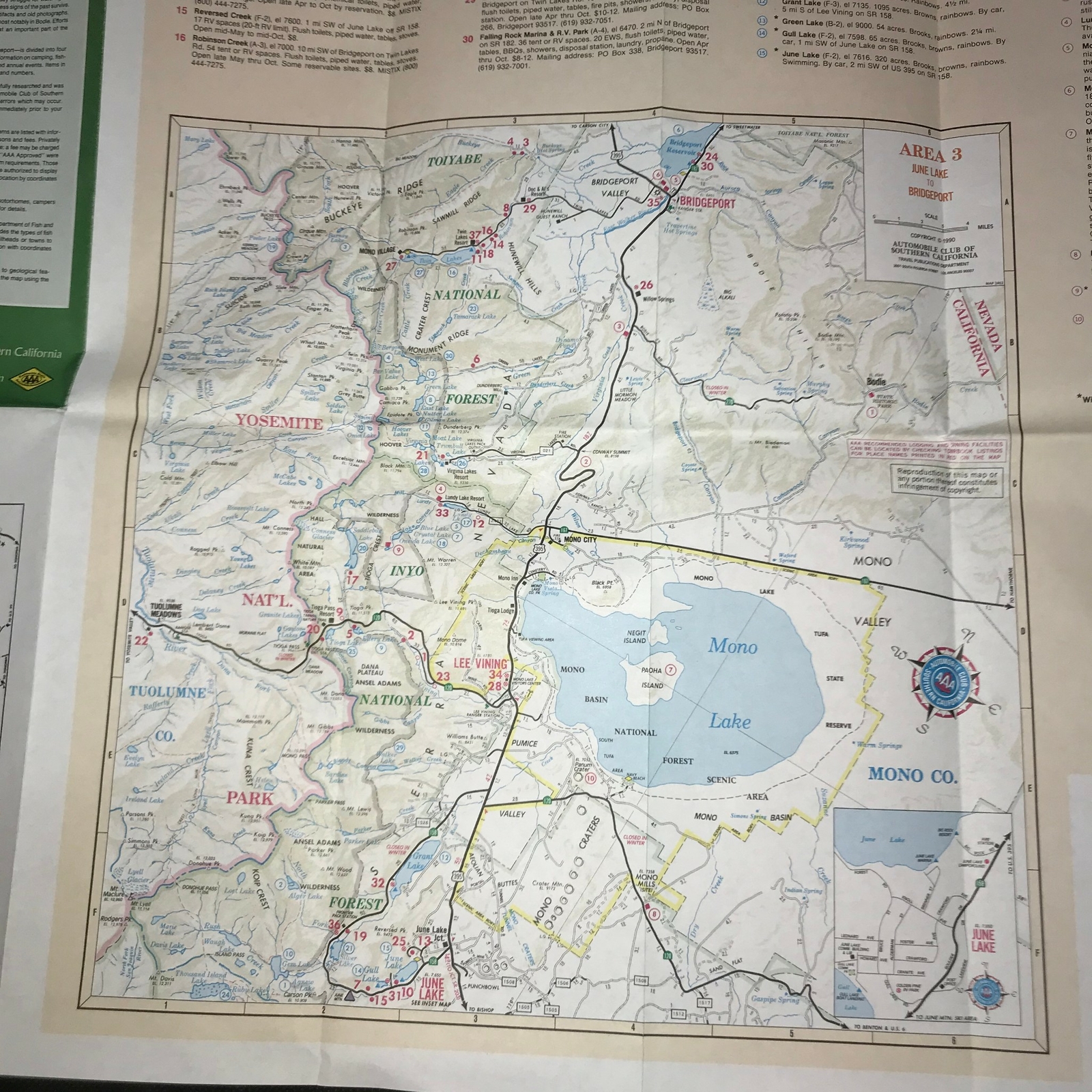 Eastern Sierra Bishop Mammoth Lake White Mountain Area AAA 1990 Travel Guide Map