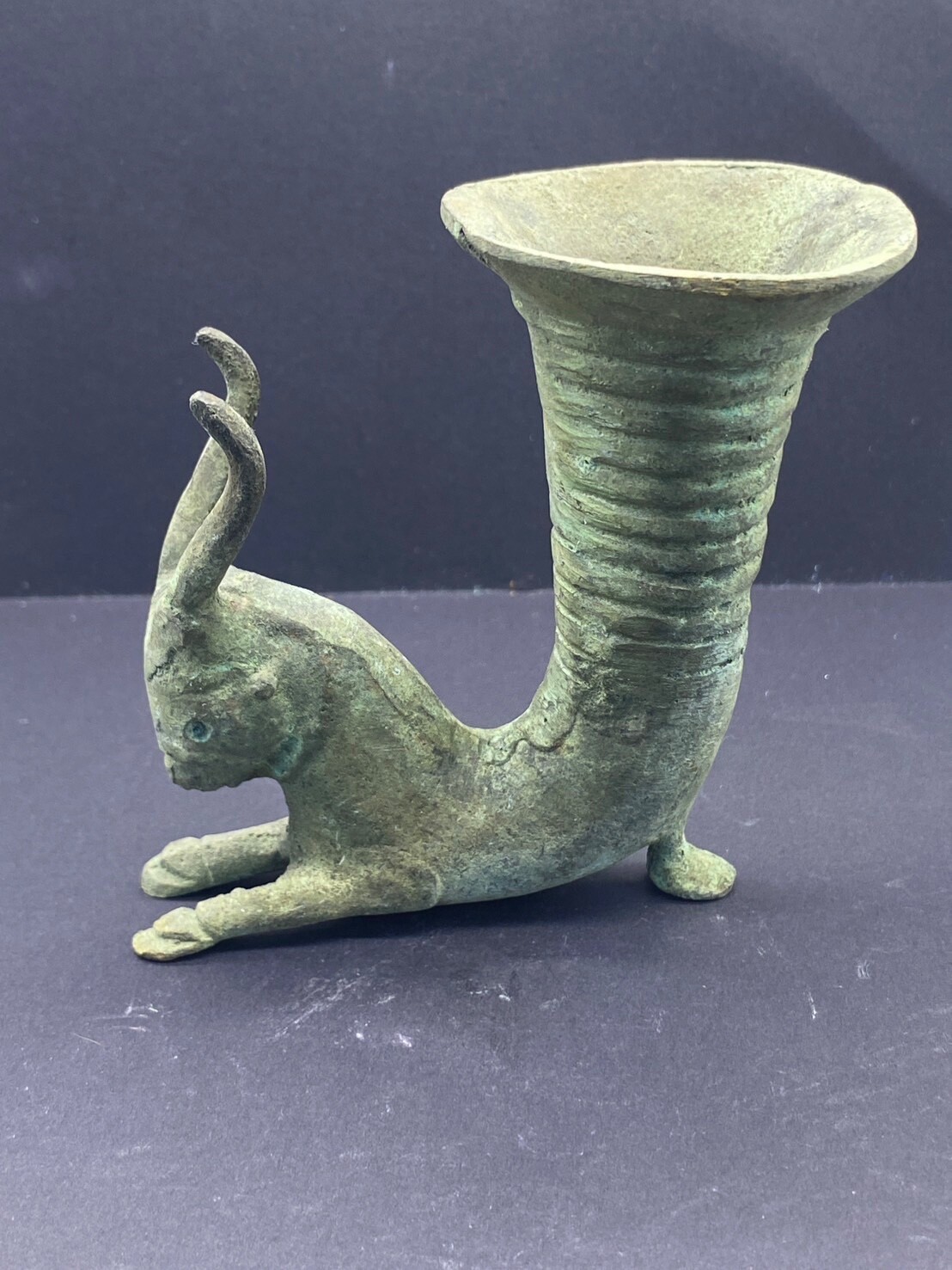 AUTHENTIC ANCIENT NEAR EAST BRONZE RHYTON VESSEL WITH RAM HEAD CIRCA 500 BC