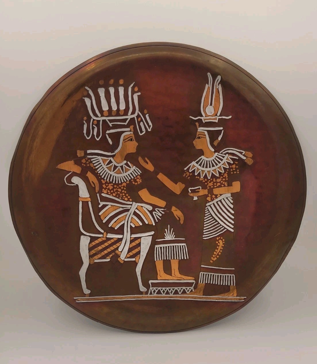 VINTAGE Egyptian Hand Made Inlaid Copper & Alloy Brass Wall Plaque or Tray 12″