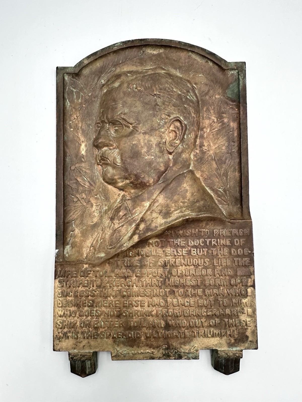 ANTIQUE THEODORE TEDDY ROOSEVELT PORTRAIT BRONZE QUOTE PLAQUE