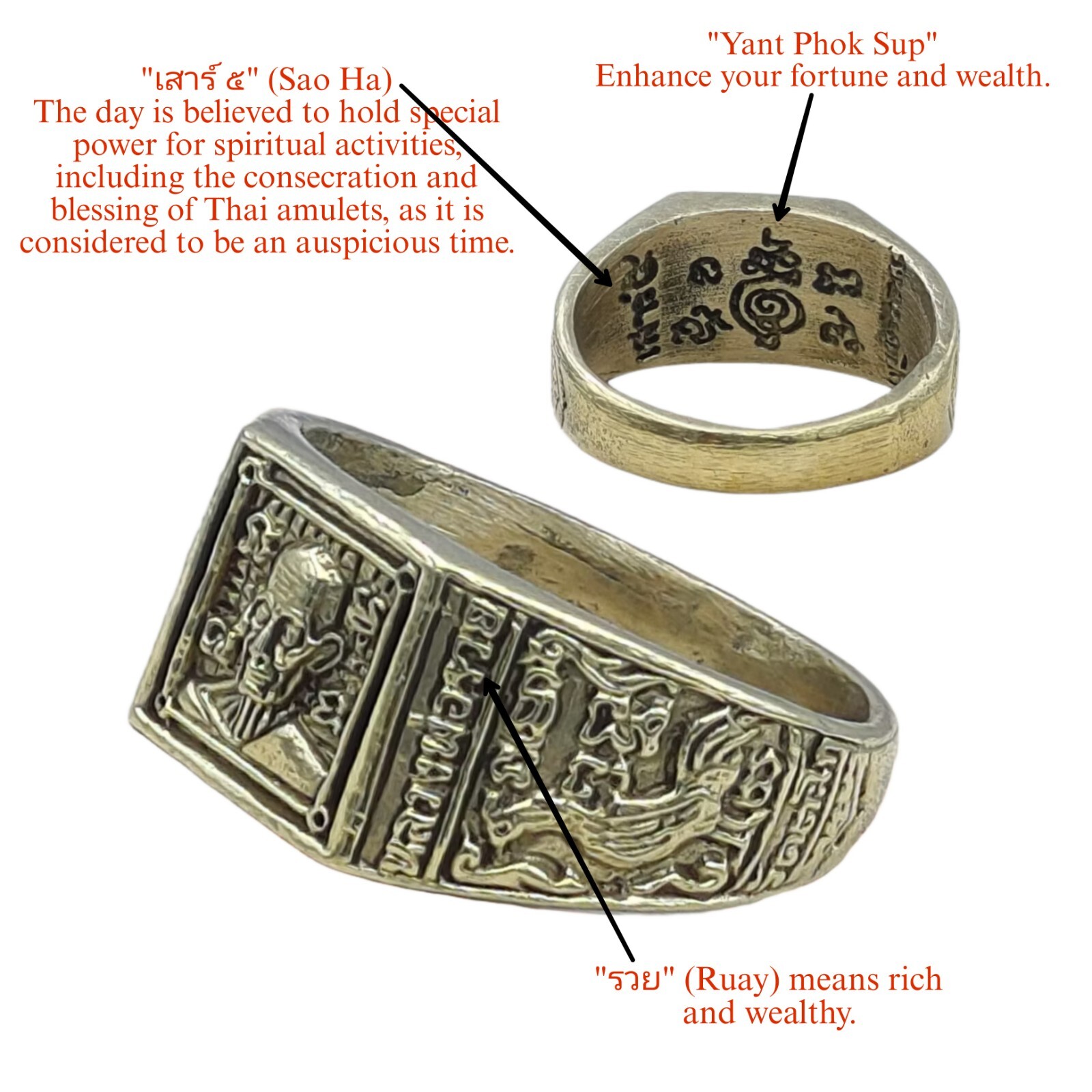 Wealth Rich Thai Amulet Yant Ring Sao Ha Bless Event LP Ruay Brass