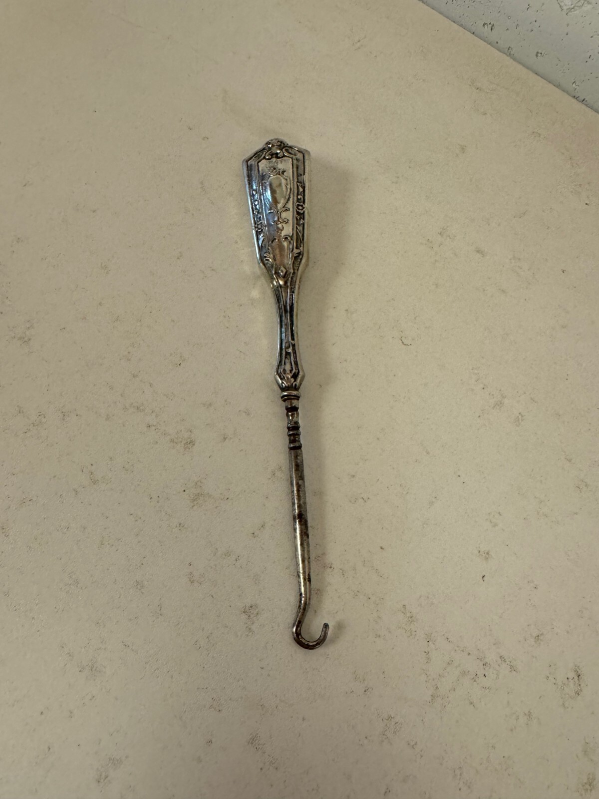 Antique Button Hook w/ Silver Plated or Silver Tone Handle Scrolling Floral Dec.