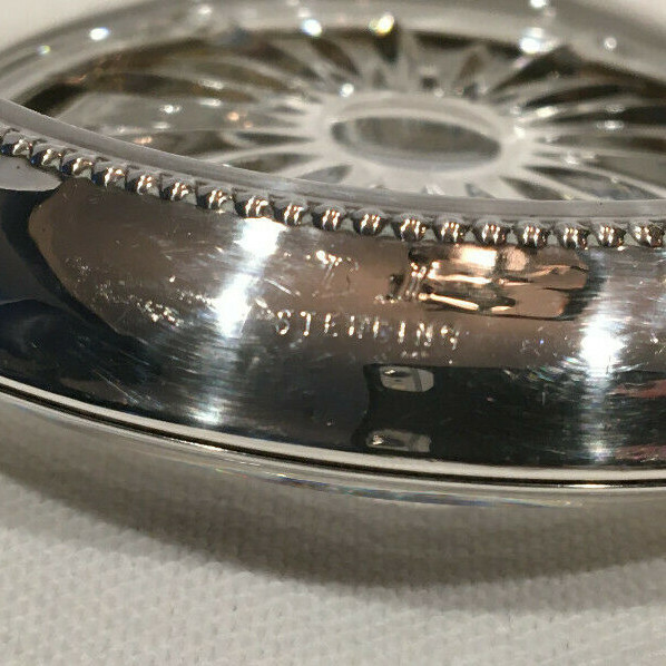 Sterling Silver Rimmed Glass Coaster Beaded Starburst Design Antique B-I