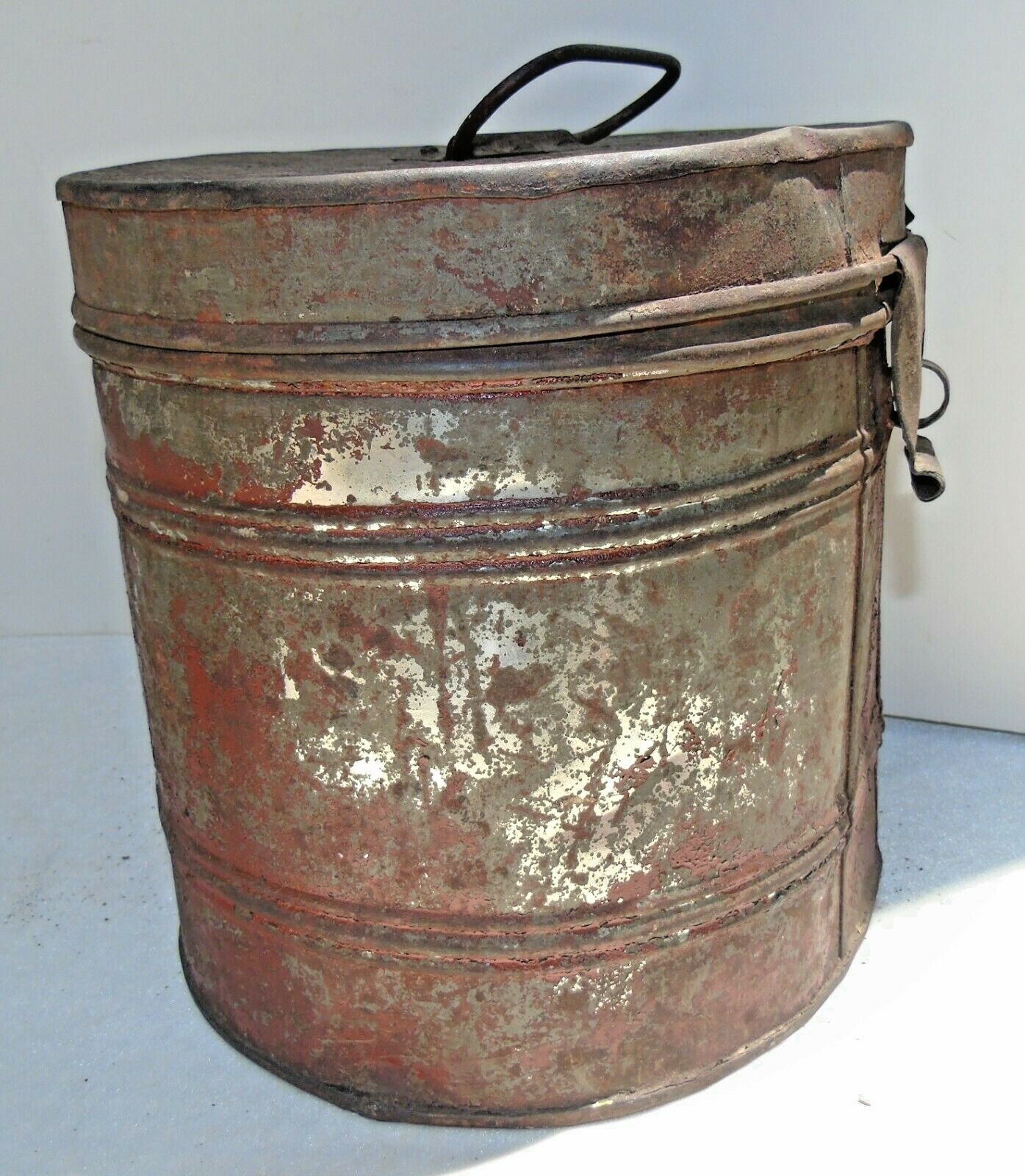 Antique Primitive Metal Tin Hat? Box w/ Lid Handle Latch Red Paint