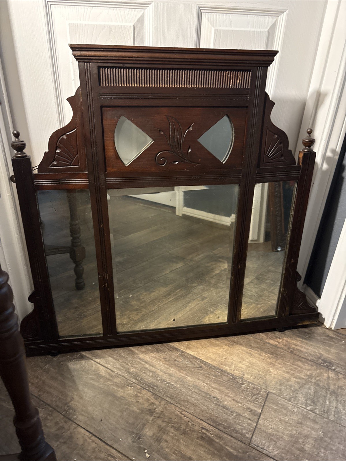 Vtg Antique Wooden Vanity Dresser Top Section Mirror Carved Ornate Mirror