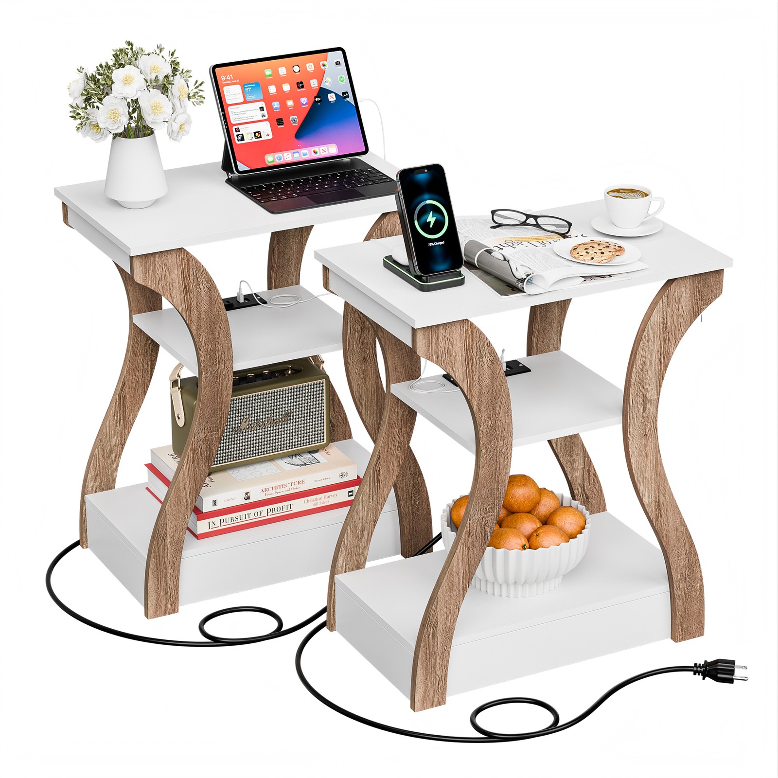 Set of 2 End Tables Accent Sofa Tables w/Curved Legs & Charging Station White