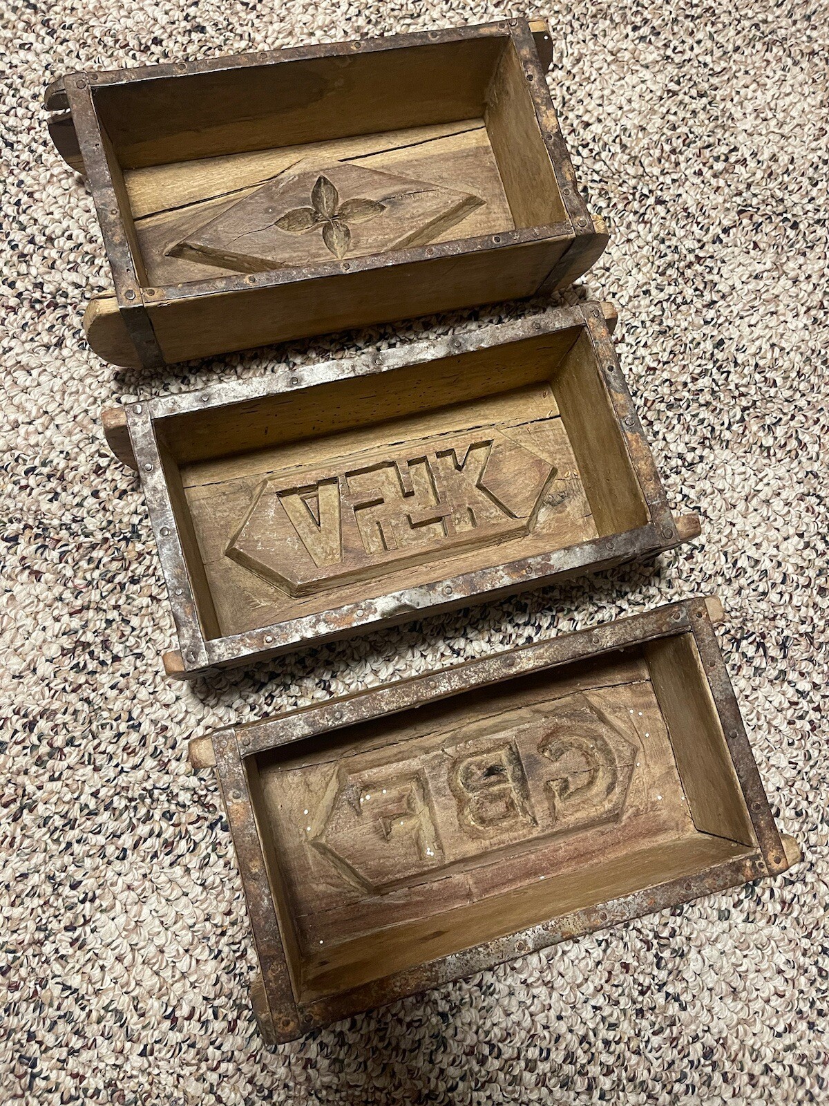 Handmade Rustic Primitive Farmhouse Decor Vintage Wooden Brick Mold Box Lot Of 3