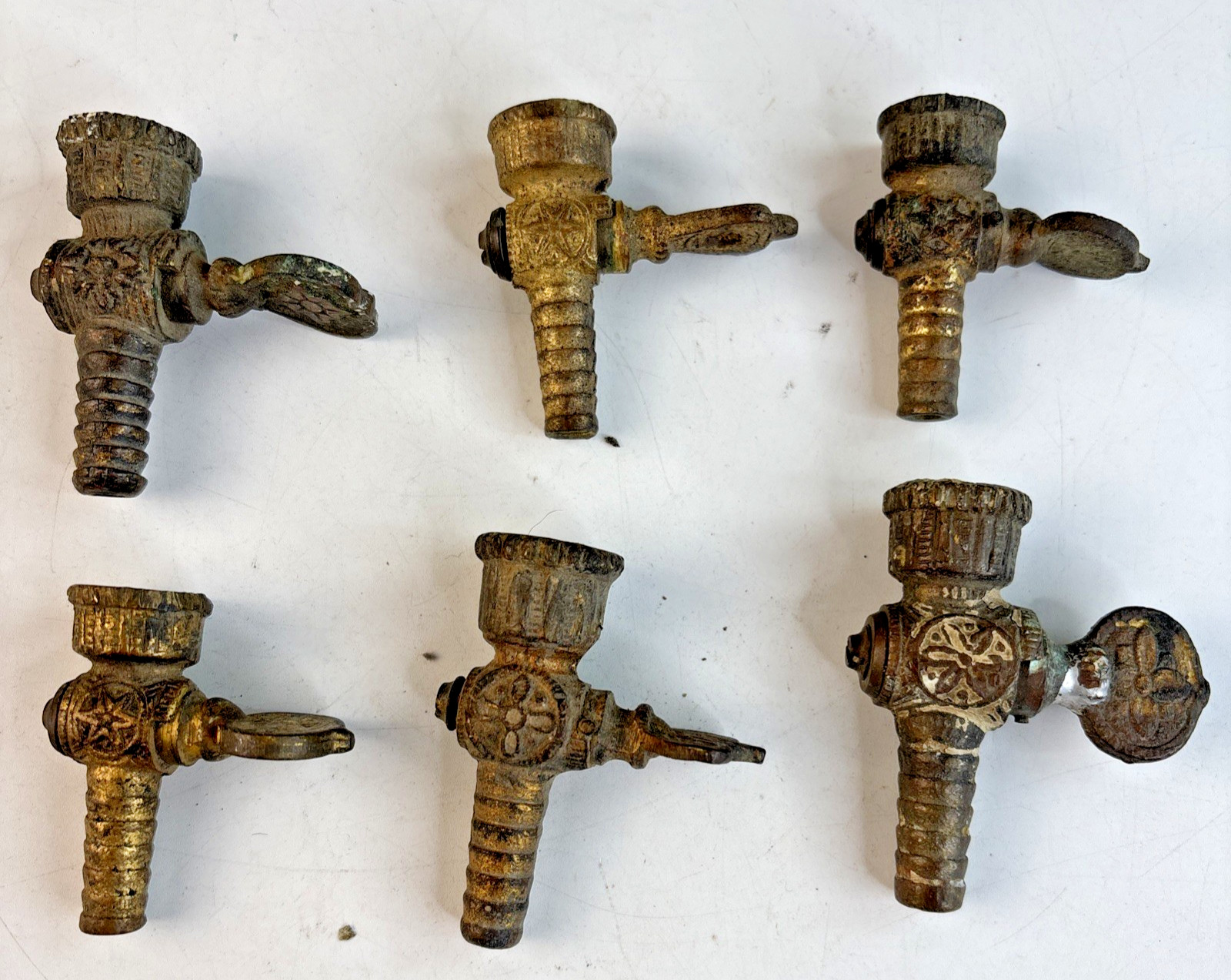 Lot of 6 Antique Victorian Ornate Cast Brass Gas Light Stove Shut Off Valves