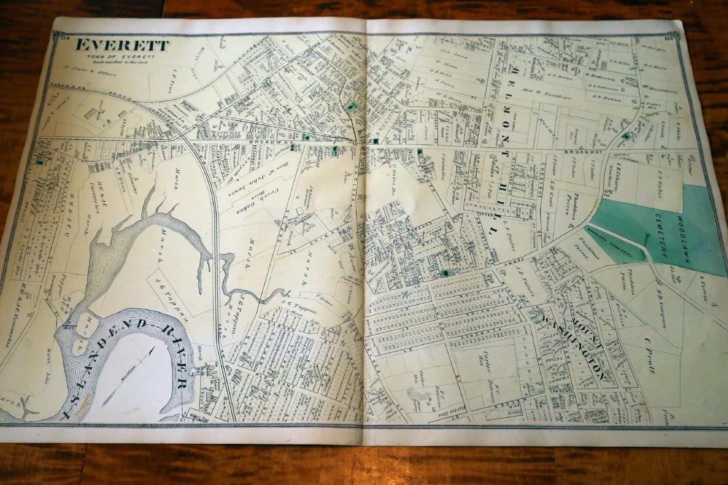 1875 BEERS MIDDLESEX COUNTY MASSACHUSETTS-ATLAS MAP OF EVERETT-HANDCOLORED