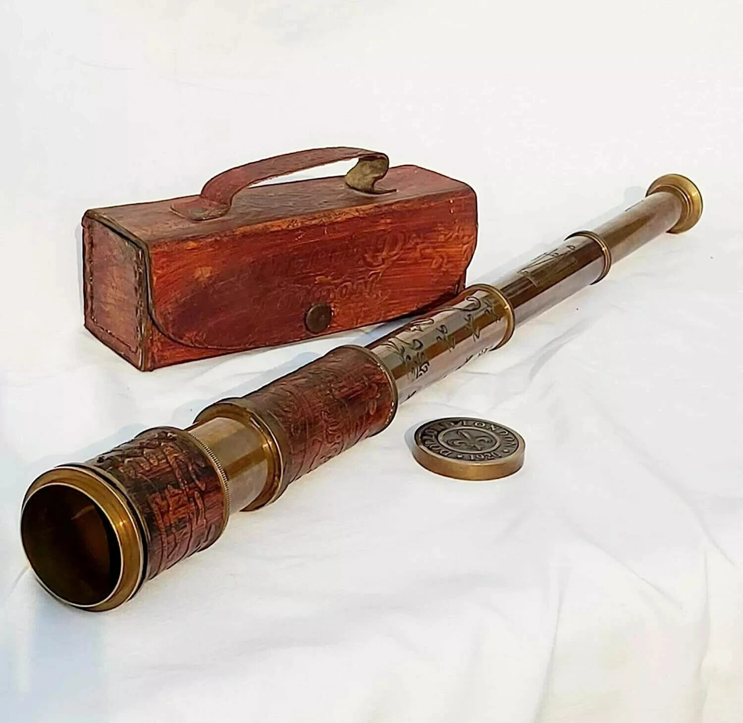 Nautical Marine Telescope Antique Brass Leather Case Pirate Vintage Spyglass