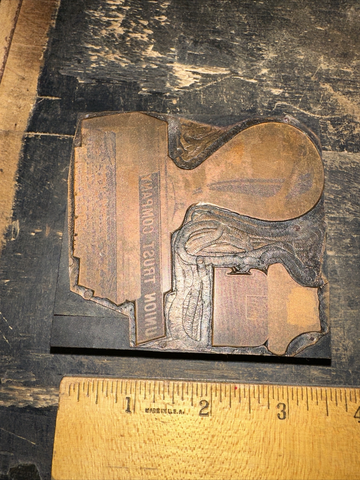 Printing Block “ Rubber Stamp Image “ Copper on Wood. Nice Details