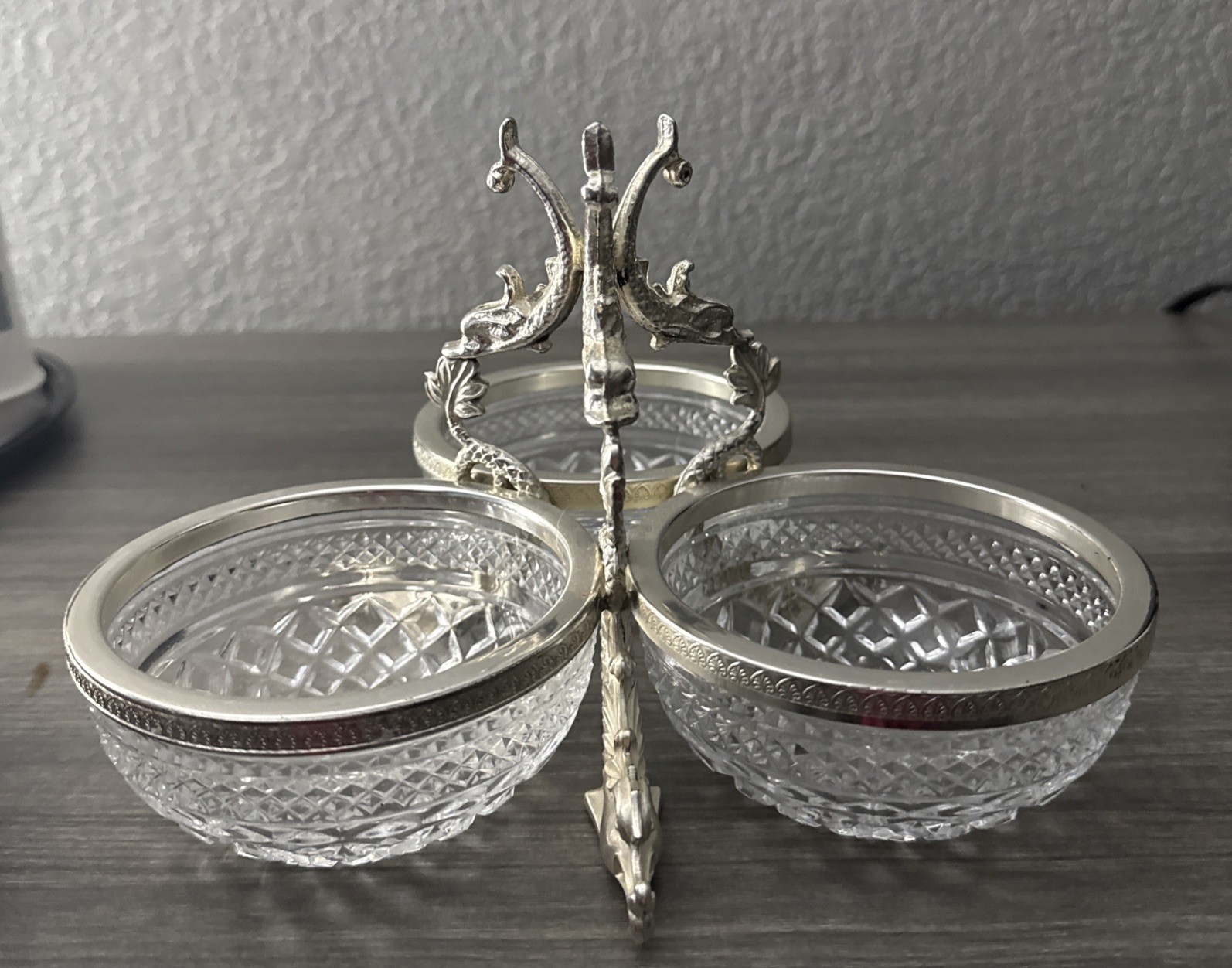 VTG Triple Condiment Server Diamond Cut Glass Bowls Silverplate Leaping Dolphins