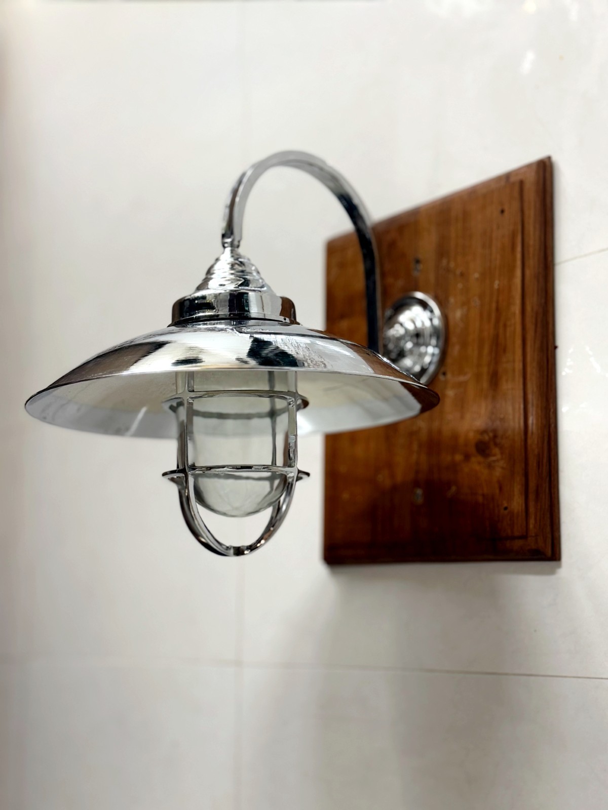 Nautical Coastal Wall Sconce – Chrome Shade Light – Industrial Home Decor